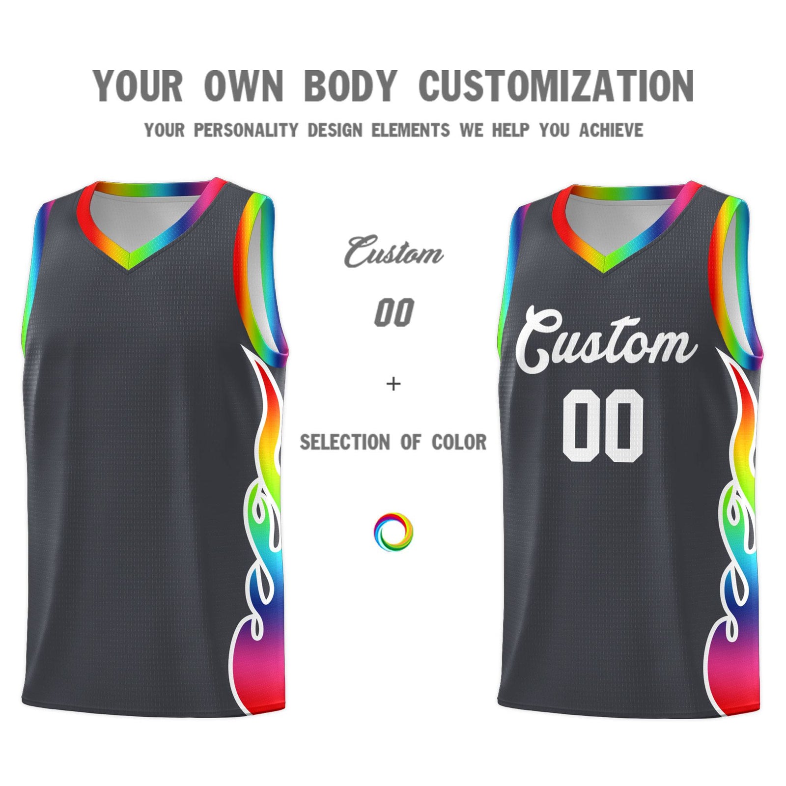 Custom Dark Gray Side Flame Pattern Fashion Sports Uniform Basketball Jersey