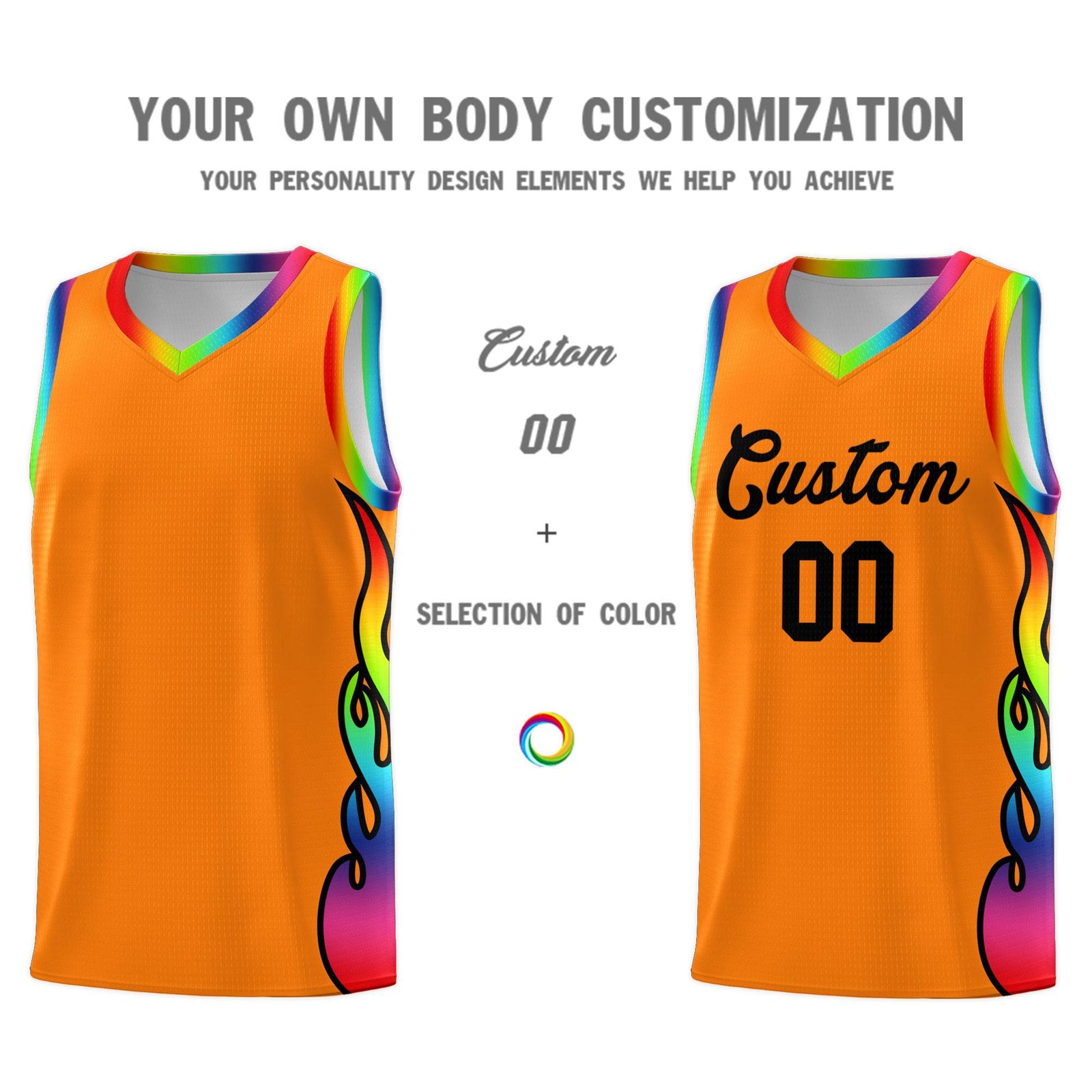Custom Orange Side Flame Pattern Fashion Sports Uniform Basketball Jersey