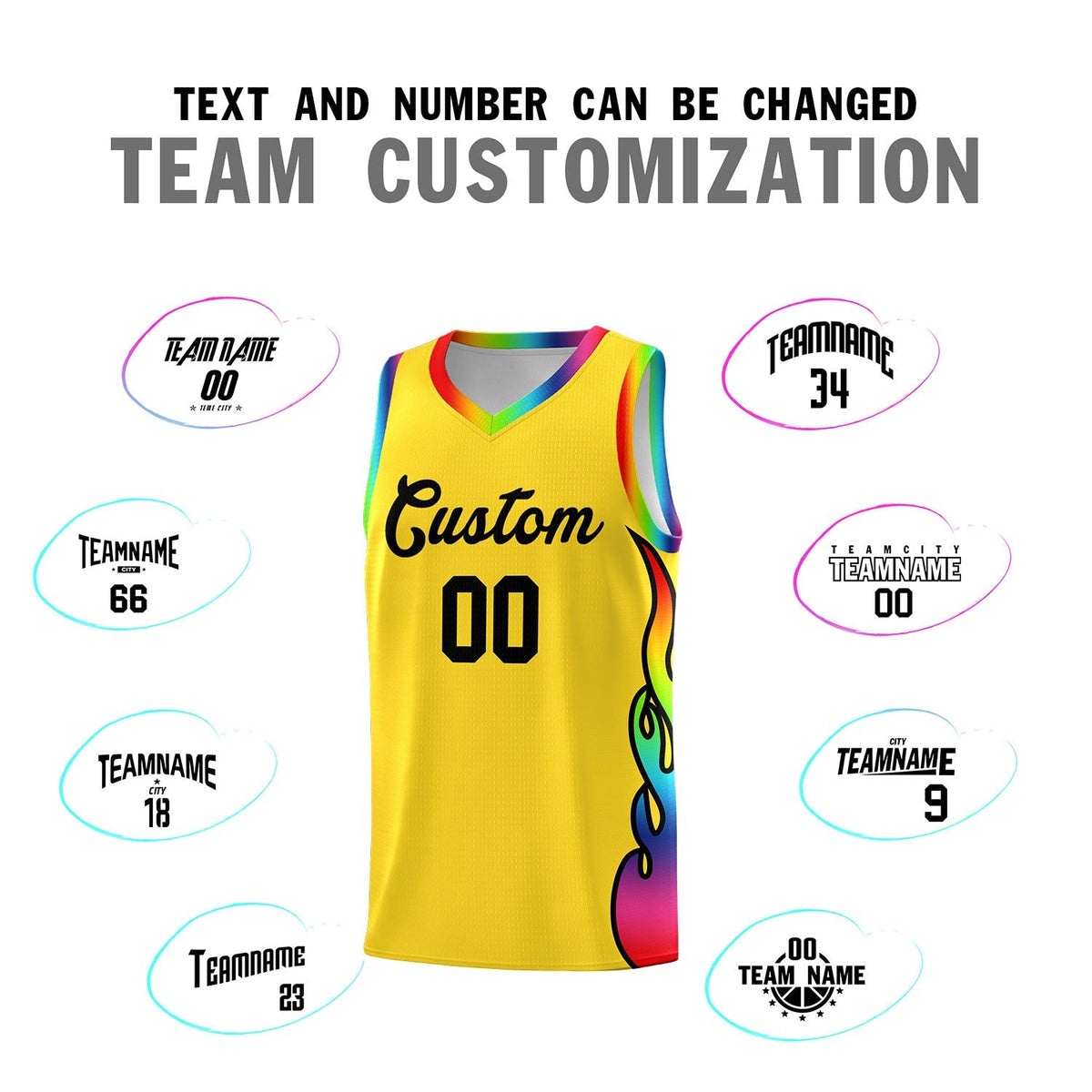 Custom Gold Side Flame Pattern Fashion Sports Uniform Basketball Jersey