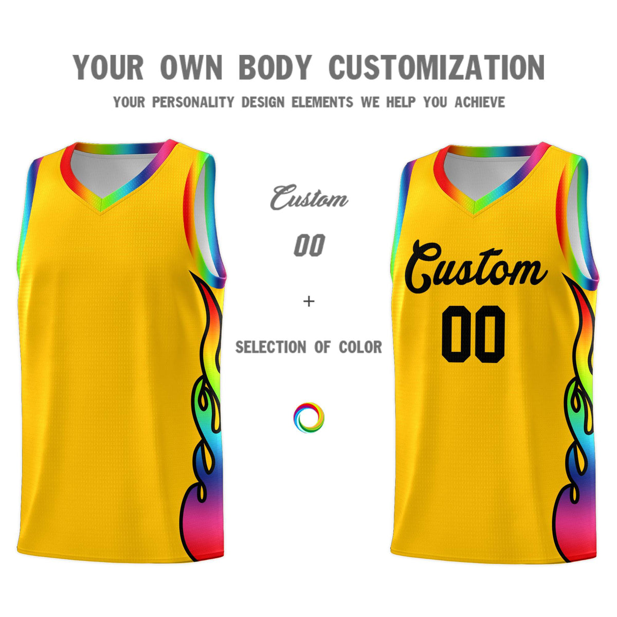 Custom Yellow Side Flame Pattern Fashion Sports Uniform Basketball Jersey