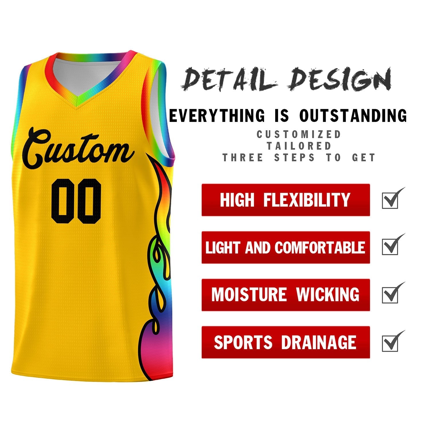 Custom Yellow Side Flame Pattern Fashion Sports Uniform Basketball Jersey