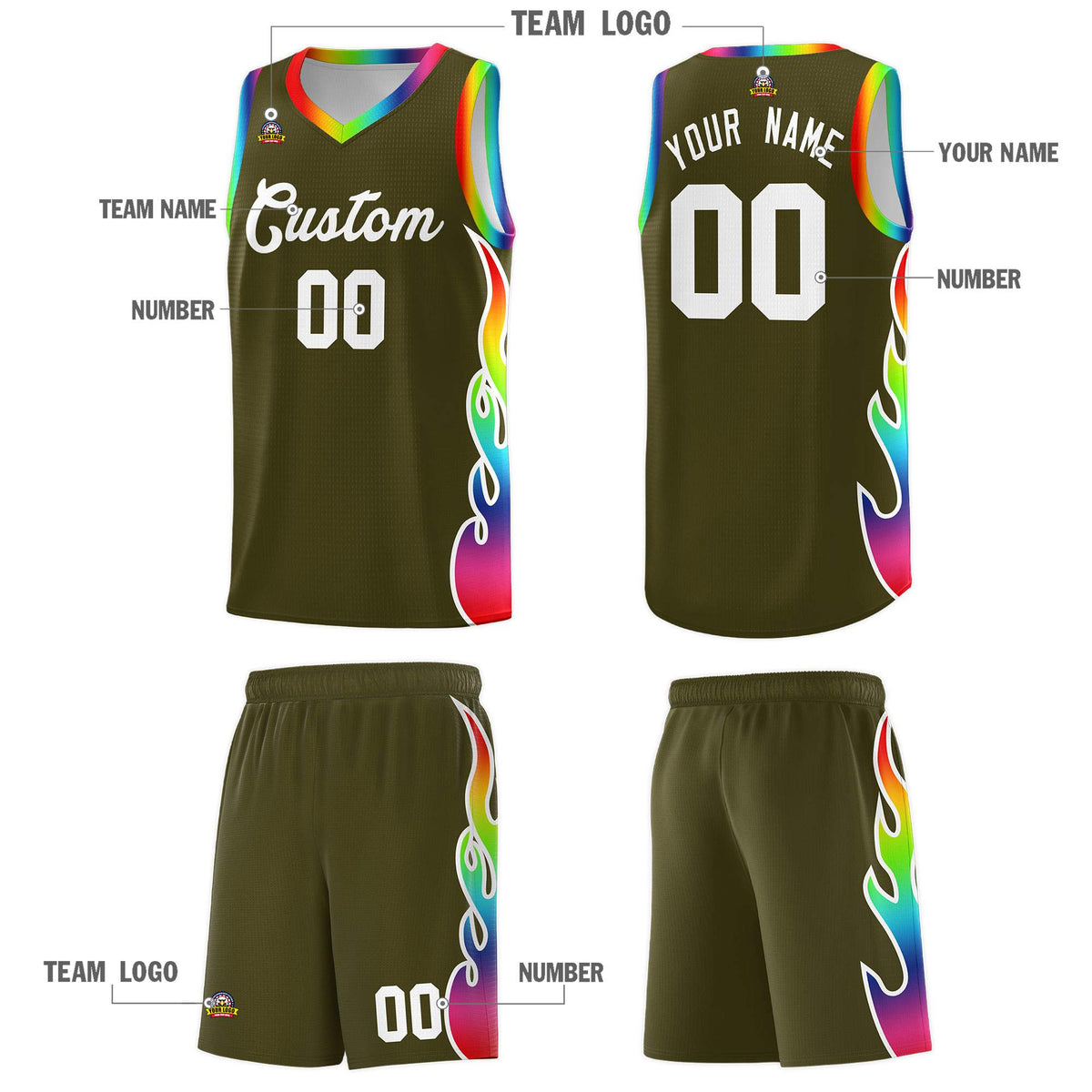 Custom Olive Side Flame Pattern Fashion Sports Uniform Basketball Jersey