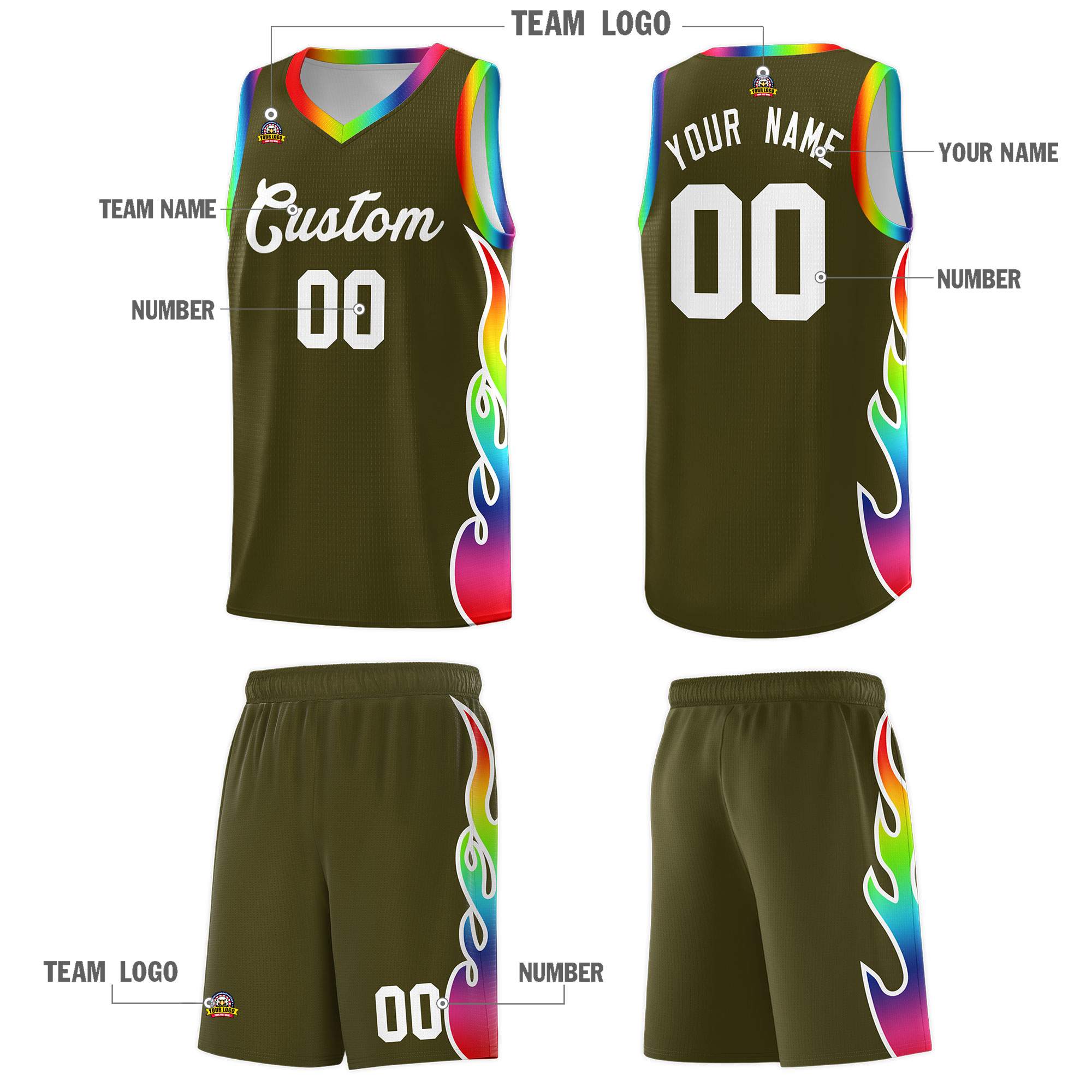 Custom Olive Side Flame Pattern Fashion Sports Uniform Basketball Jersey