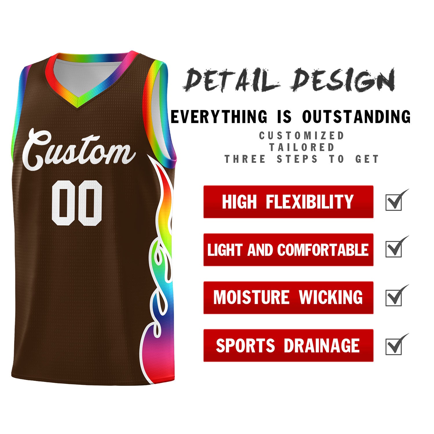 Custom Brown Side Flame Pattern Fashion Sports Uniform Basketball Jersey