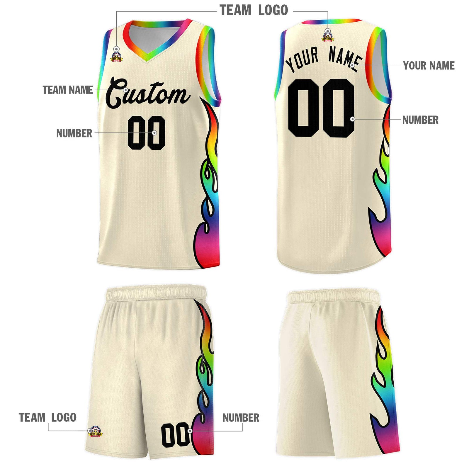 Custom Cream Side Flame Pattern Fashion Sports Uniform Basketball Jersey