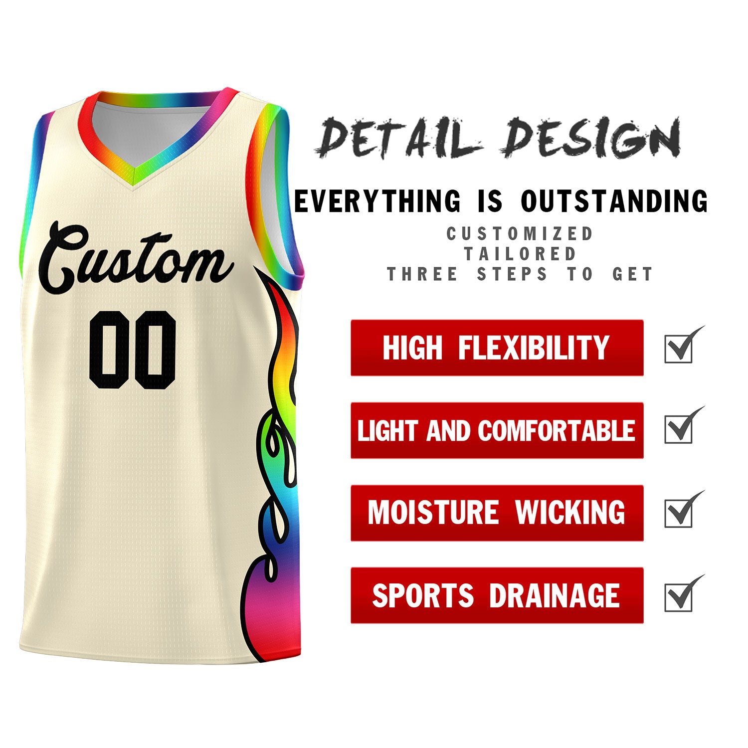 Custom Cream Side Flame Pattern Fashion Sports Uniform Basketball Jersey