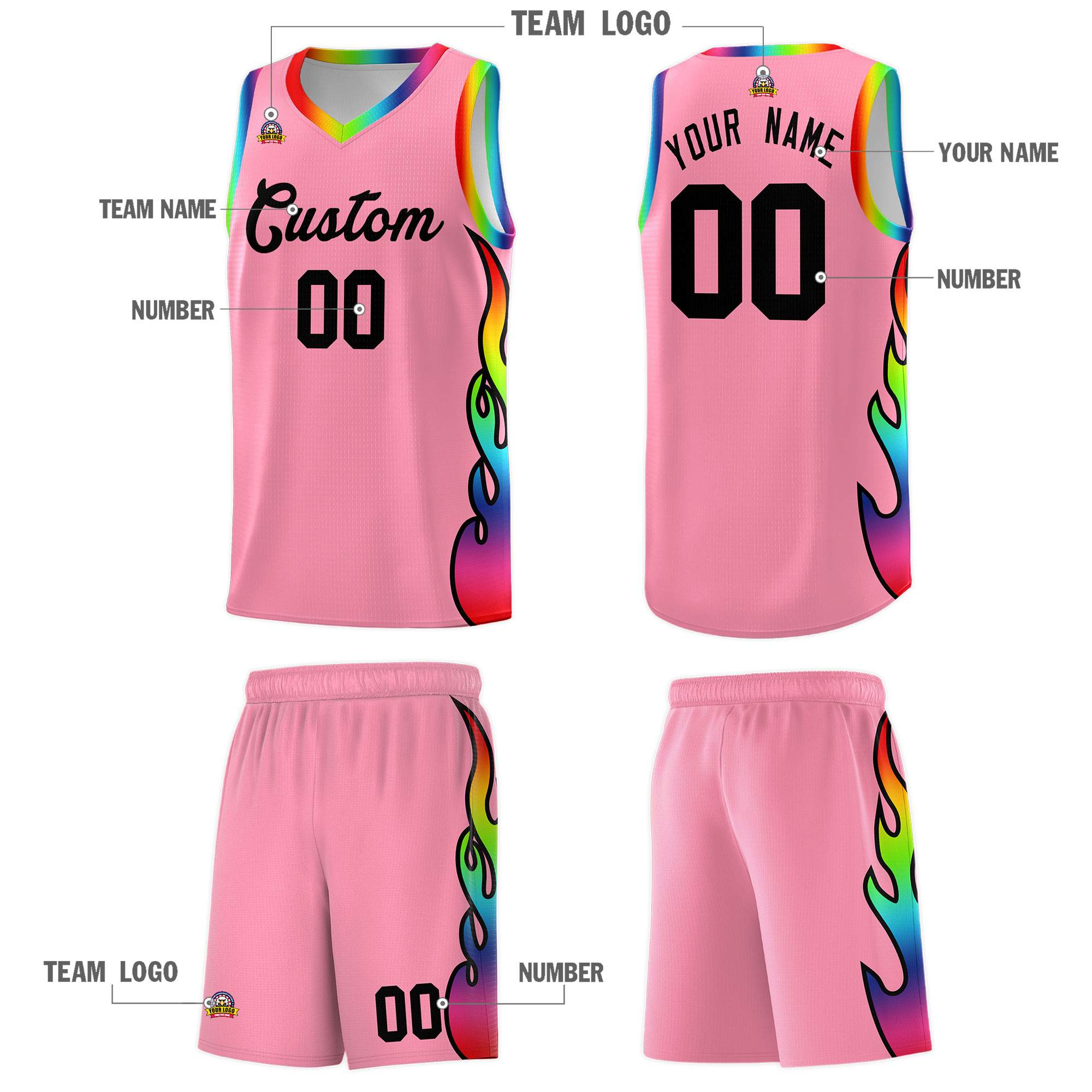 Custom Light Pink Side Flame Pattern Fashion Sports Uniform Basketball Jersey