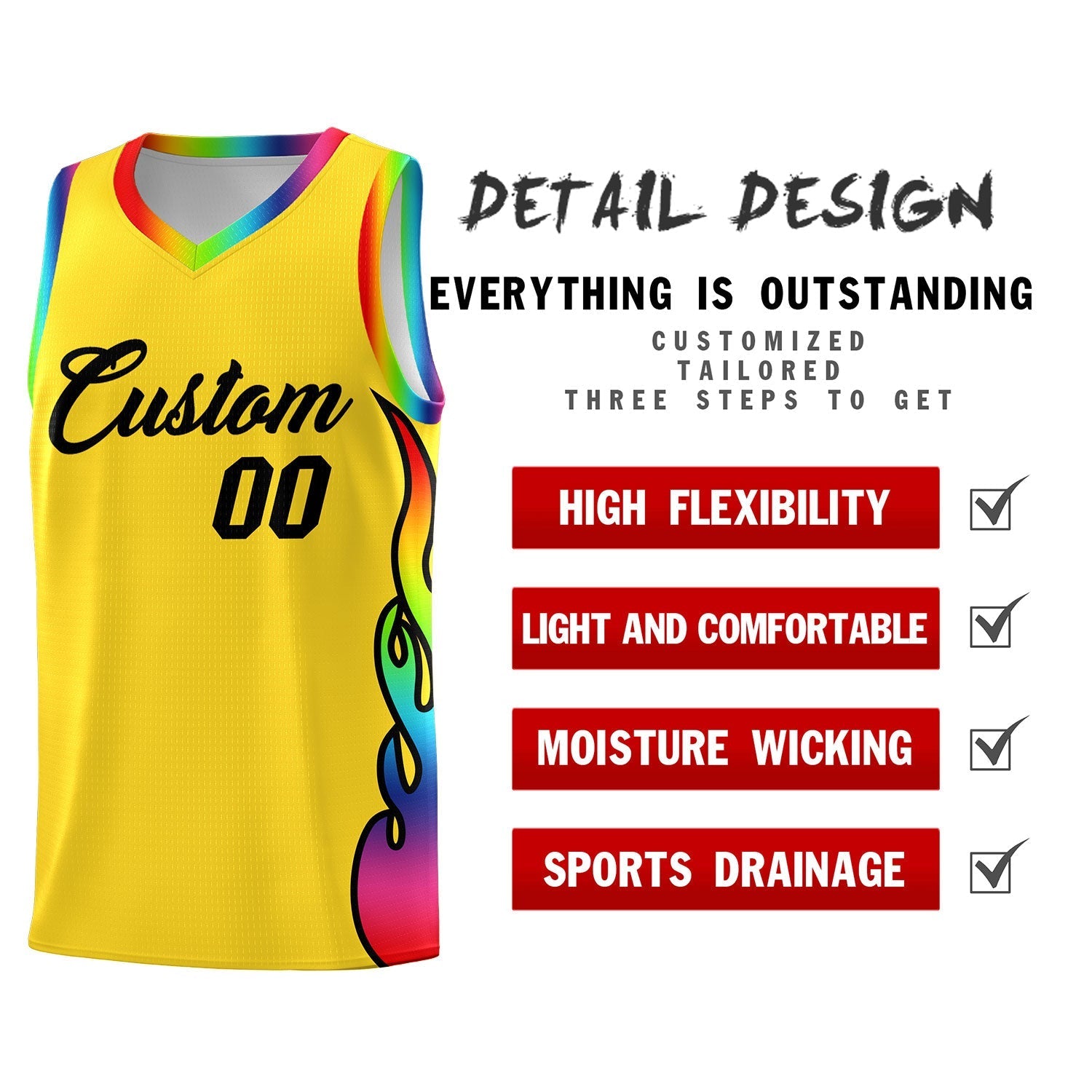 Custom Gold Side Flame Pattern Fashion Sports Uniform Basketball Jersey