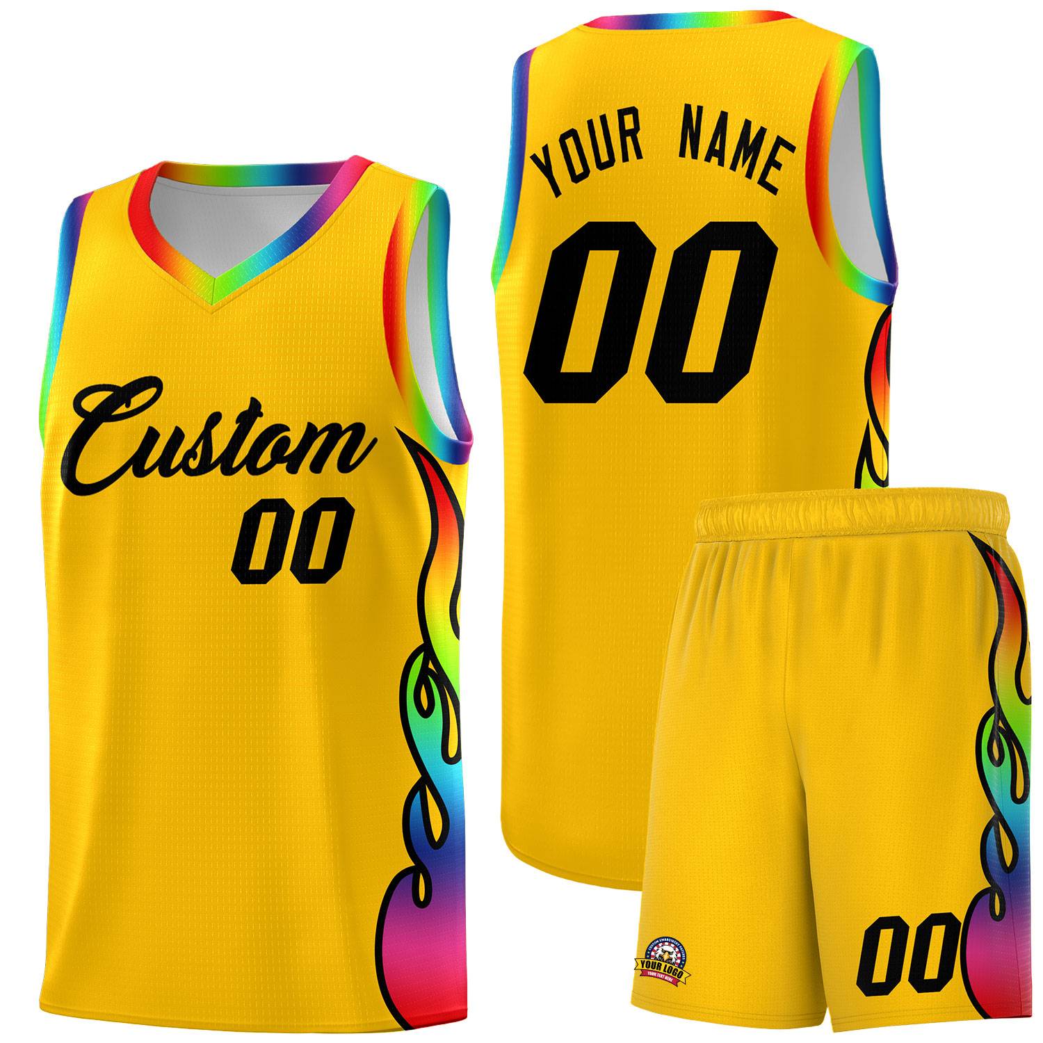 Custom Yellow Side Flame Pattern Fashion Sports Uniform Basketball Jersey