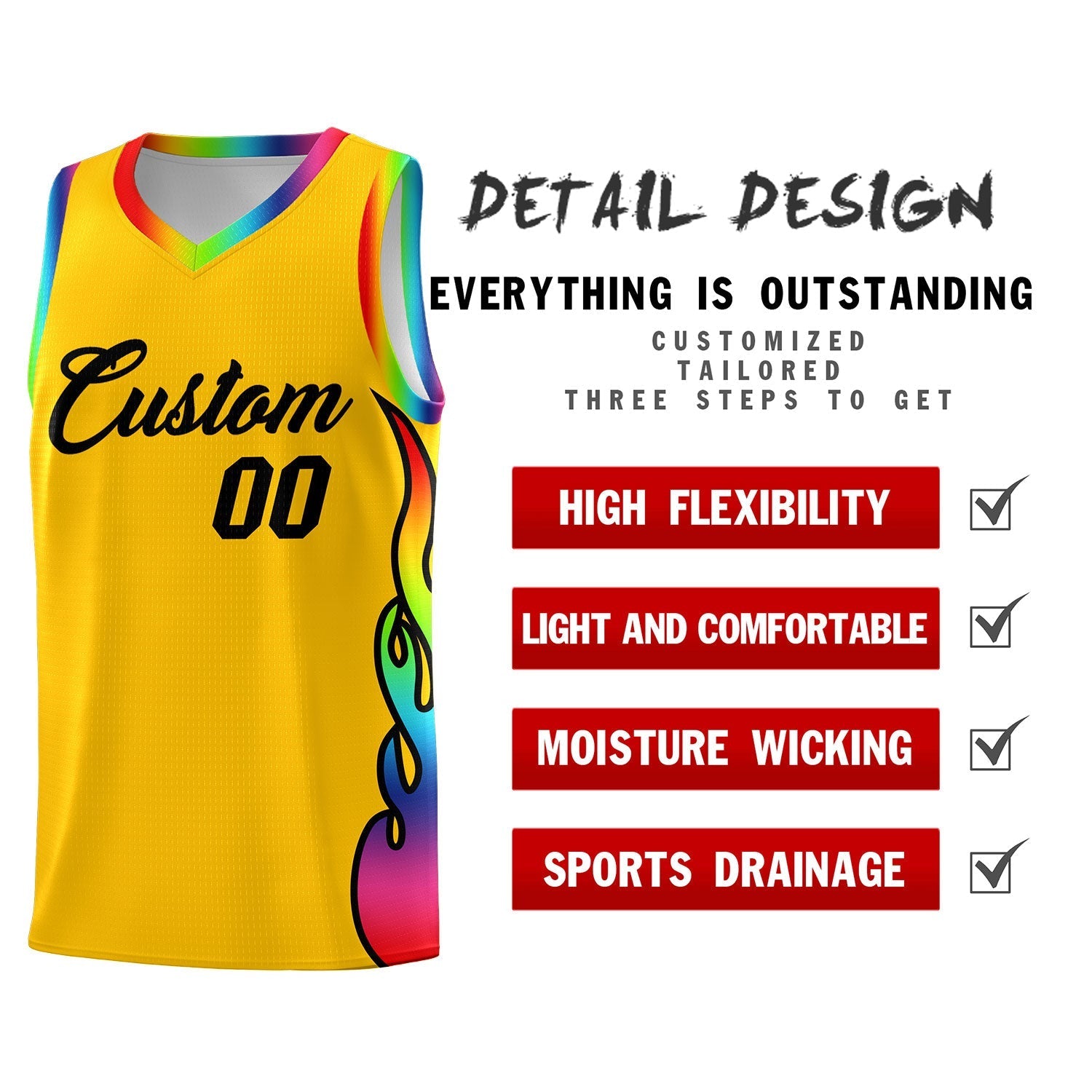 Custom Yellow Side Flame Pattern Fashion Sports Uniform Basketball Jersey
