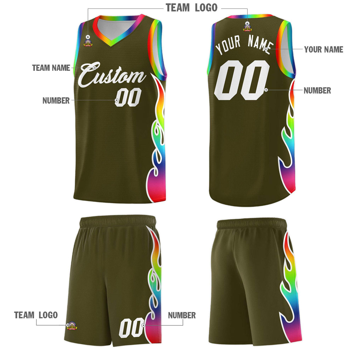 Custom Olive Side Flame Pattern Fashion Sports Uniform Basketball Jersey