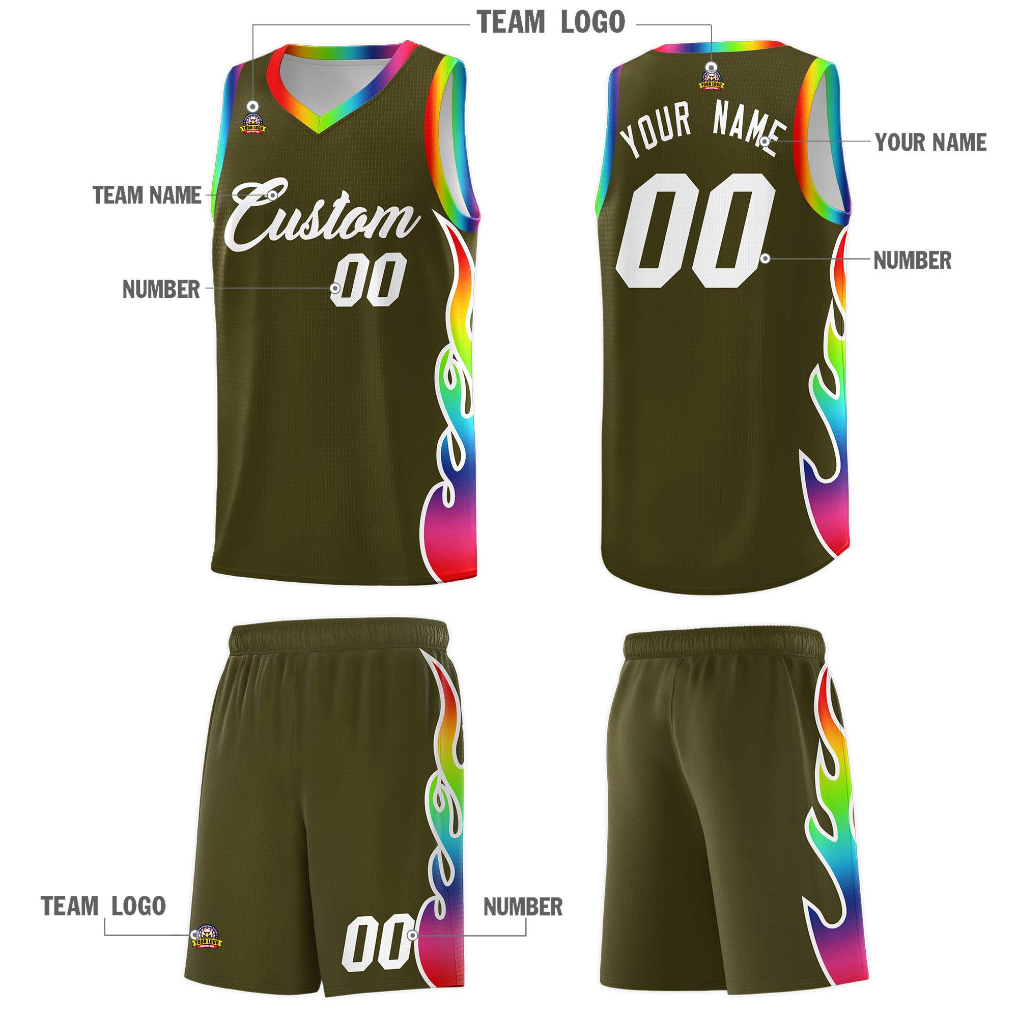Custom Olive Side Flame Pattern Fashion Sports Uniform Basketball Jersey