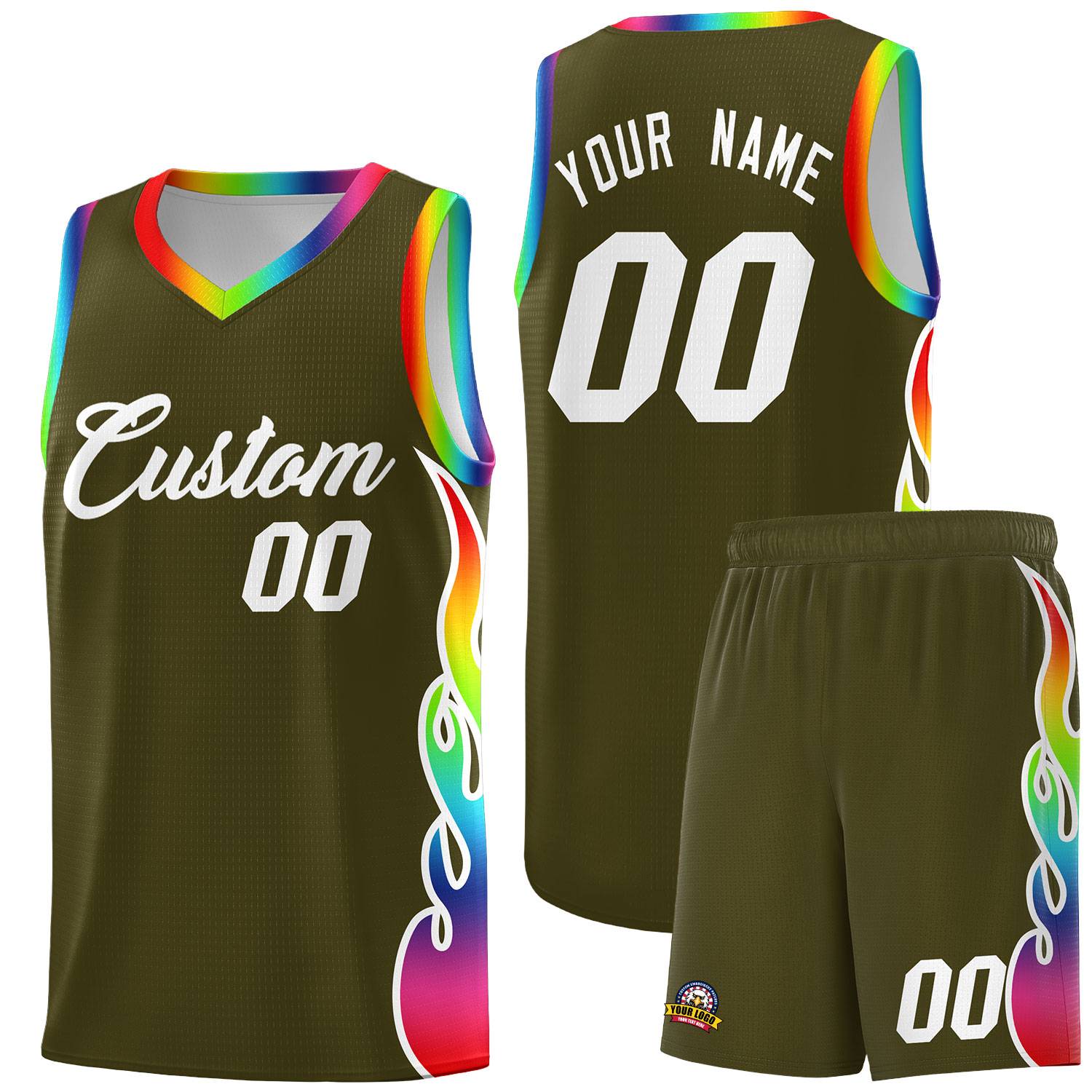 Custom Olive Side Flame Pattern Fashion Sports Uniform Basketball Jersey