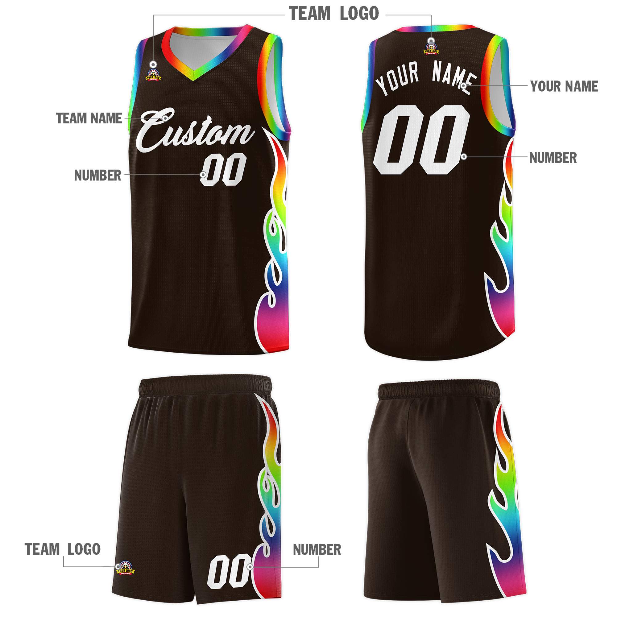 Custom Brown Side Flame Pattern Fashion Sports Uniform Basketball Jersey