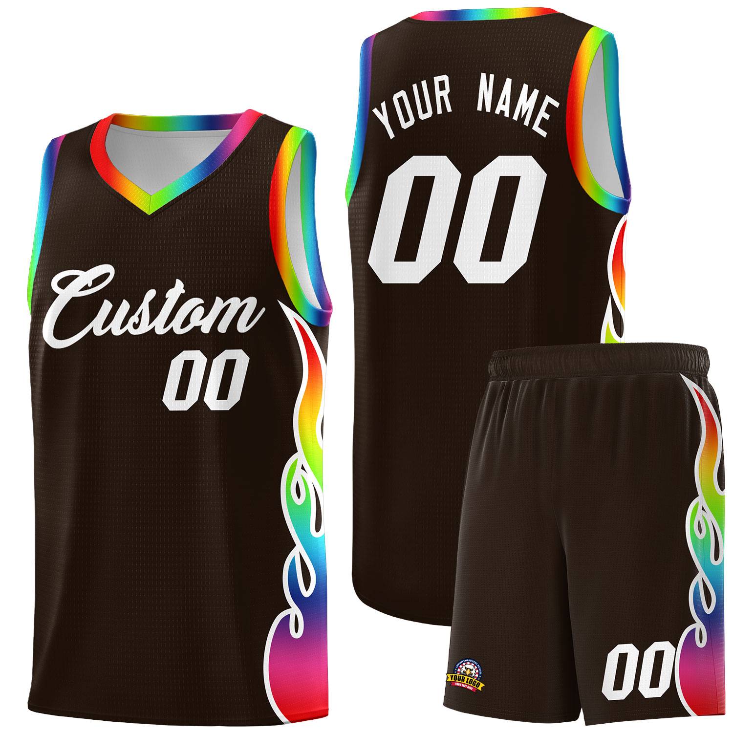Custom Brown Side Flame Pattern Fashion Sports Uniform Basketball Jersey