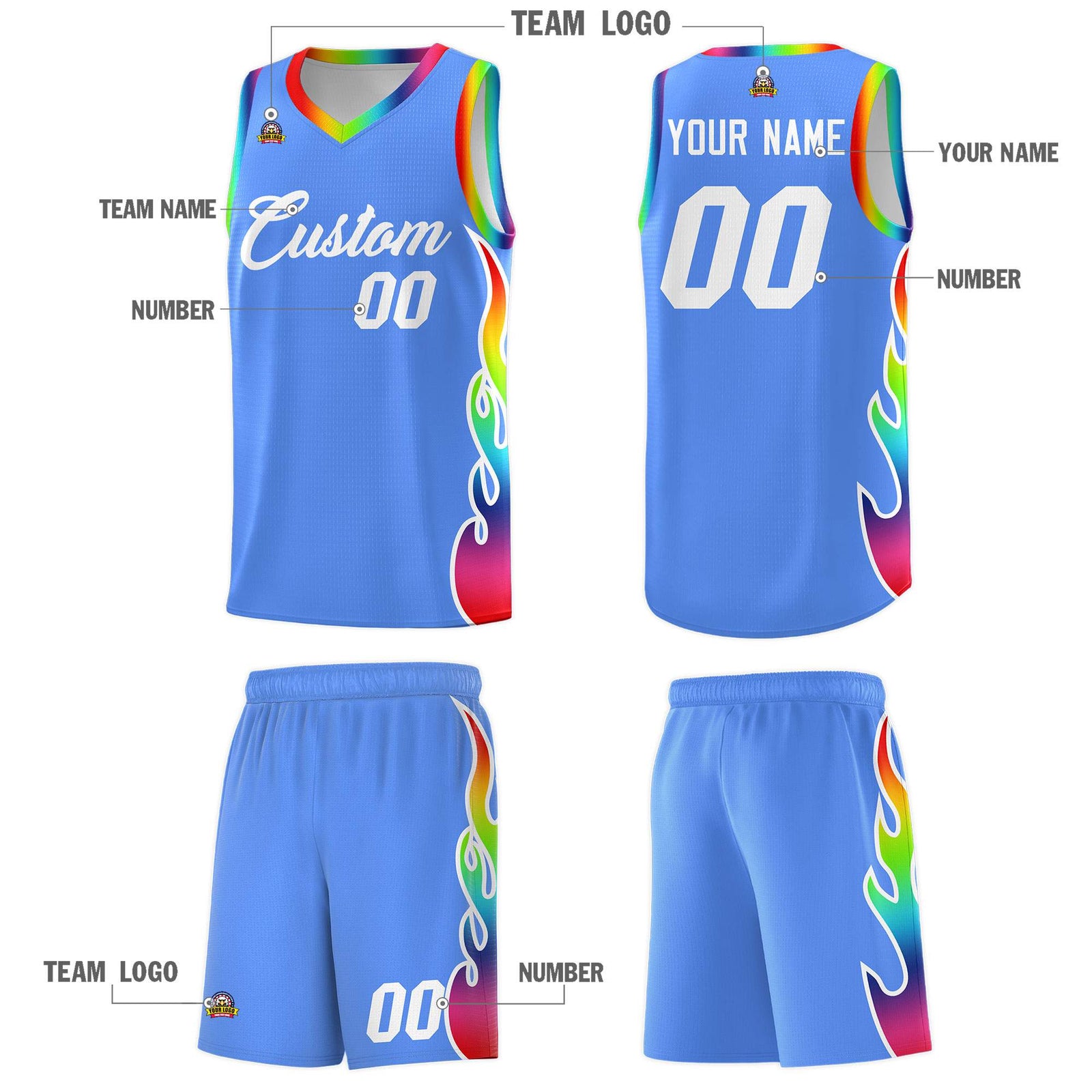 Custom Powder Blue Side Flame Pattern Fashion Sports Uniform Basketball Jersey