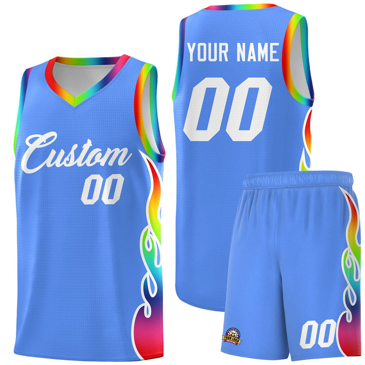 Custom Powder Blue Side Flame Pattern Fashion Sports Uniform Basketball Jersey