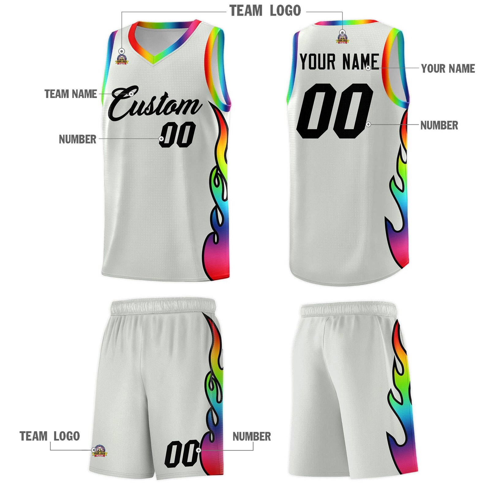 Custom Gray Side Flame Pattern Fashion Sports Uniform Basketball Jersey