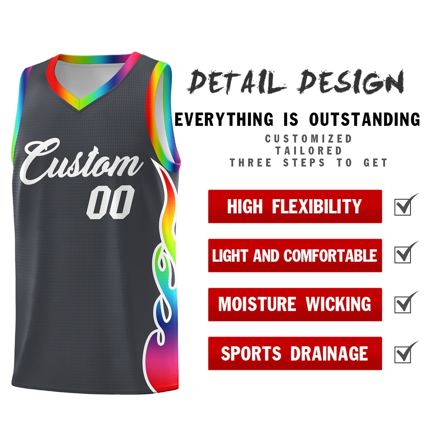 Custom Dark Gray Side Flame Pattern Fashion Sports Uniform Basketball Jersey