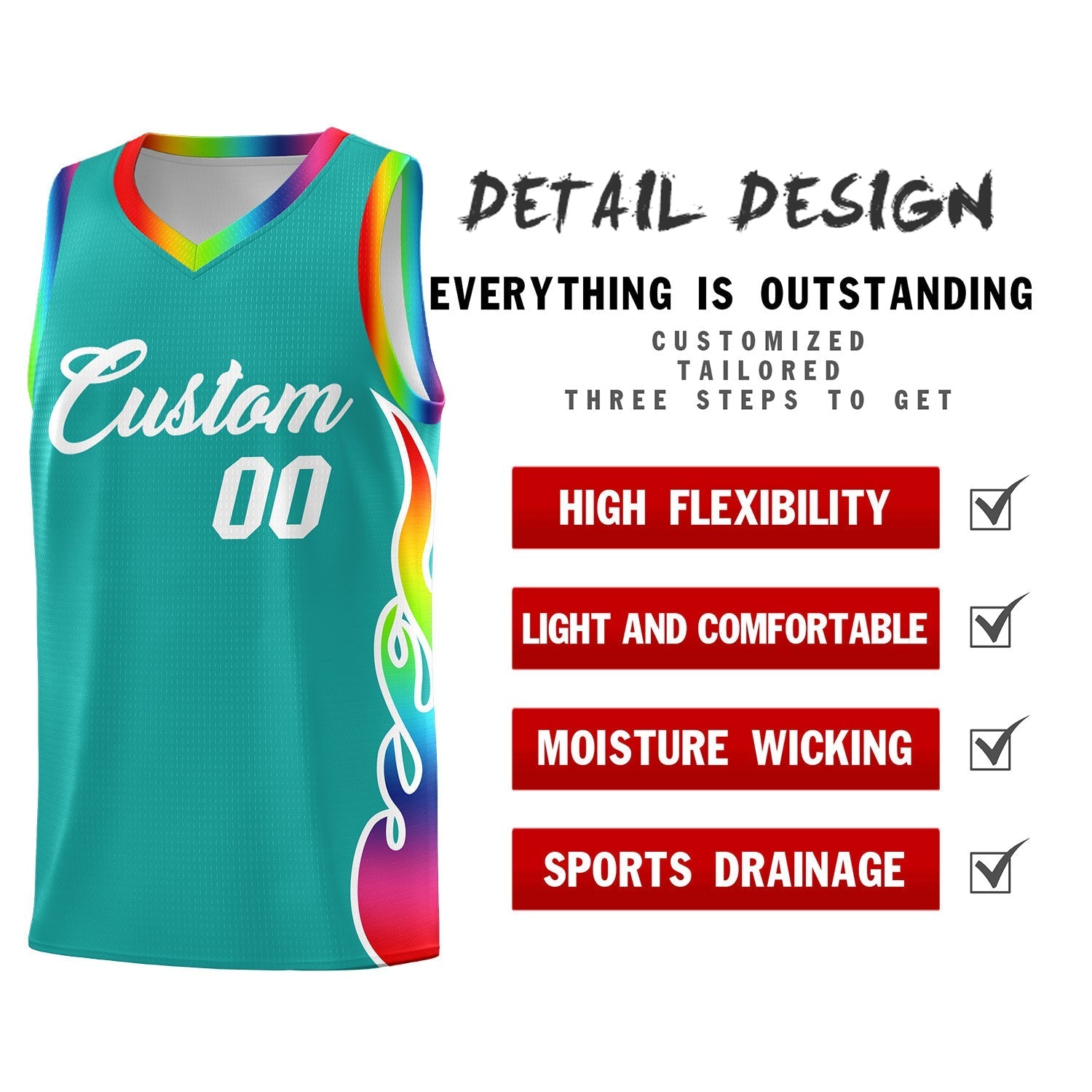 Custom Aqua Side Flame Pattern Fashion Sports Uniform Basketball Jersey