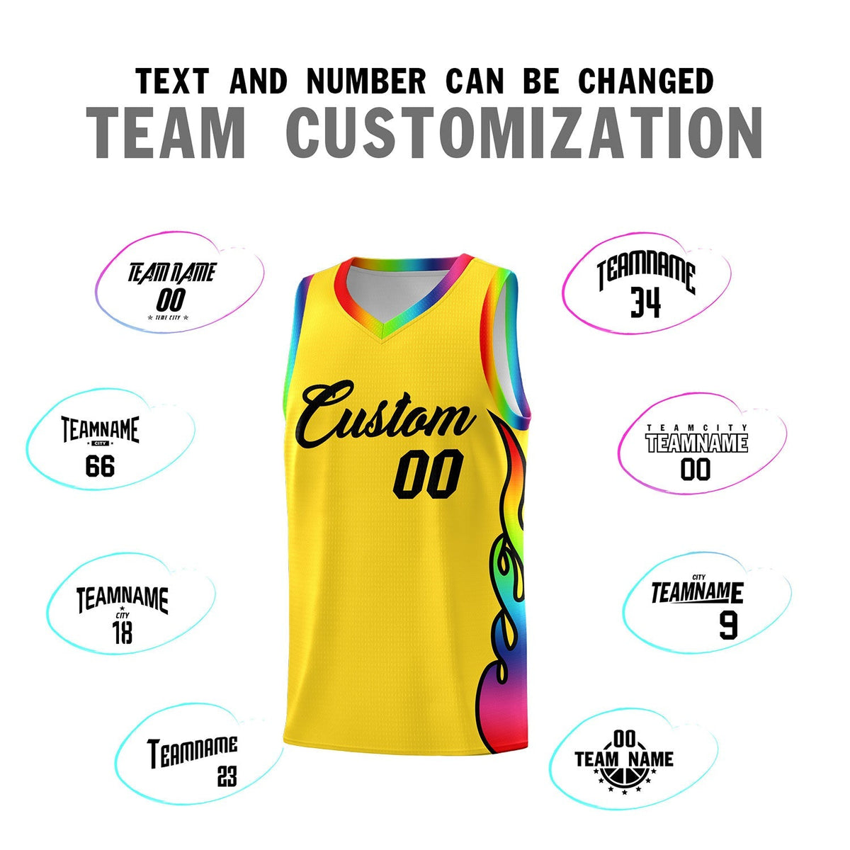 Custom Gold Side Flame Pattern Fashion Sports Uniform Basketball Jersey