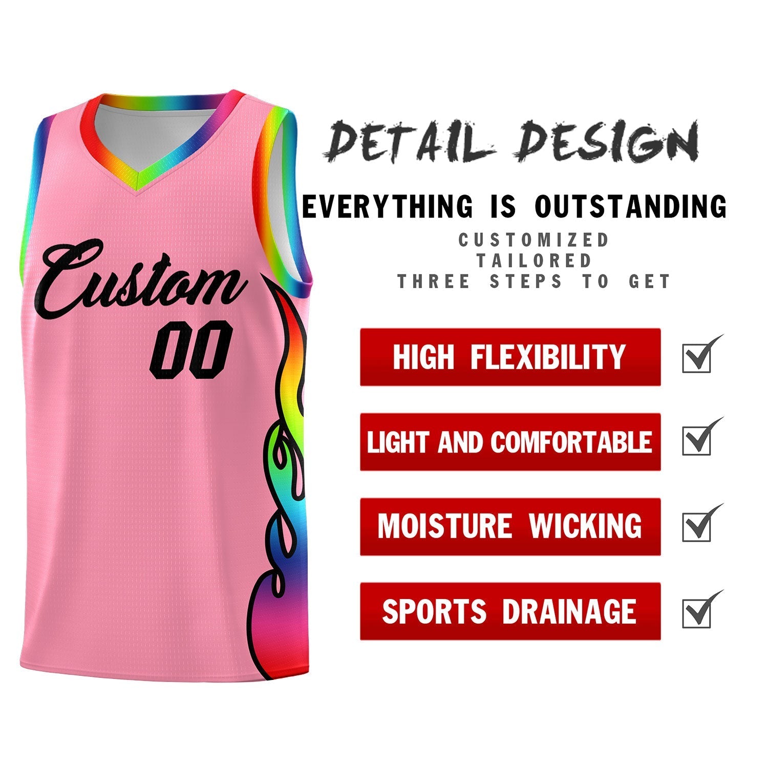 Custom Light Pink Side Flame Pattern Fashion Sports Uniform Basketball Jersey