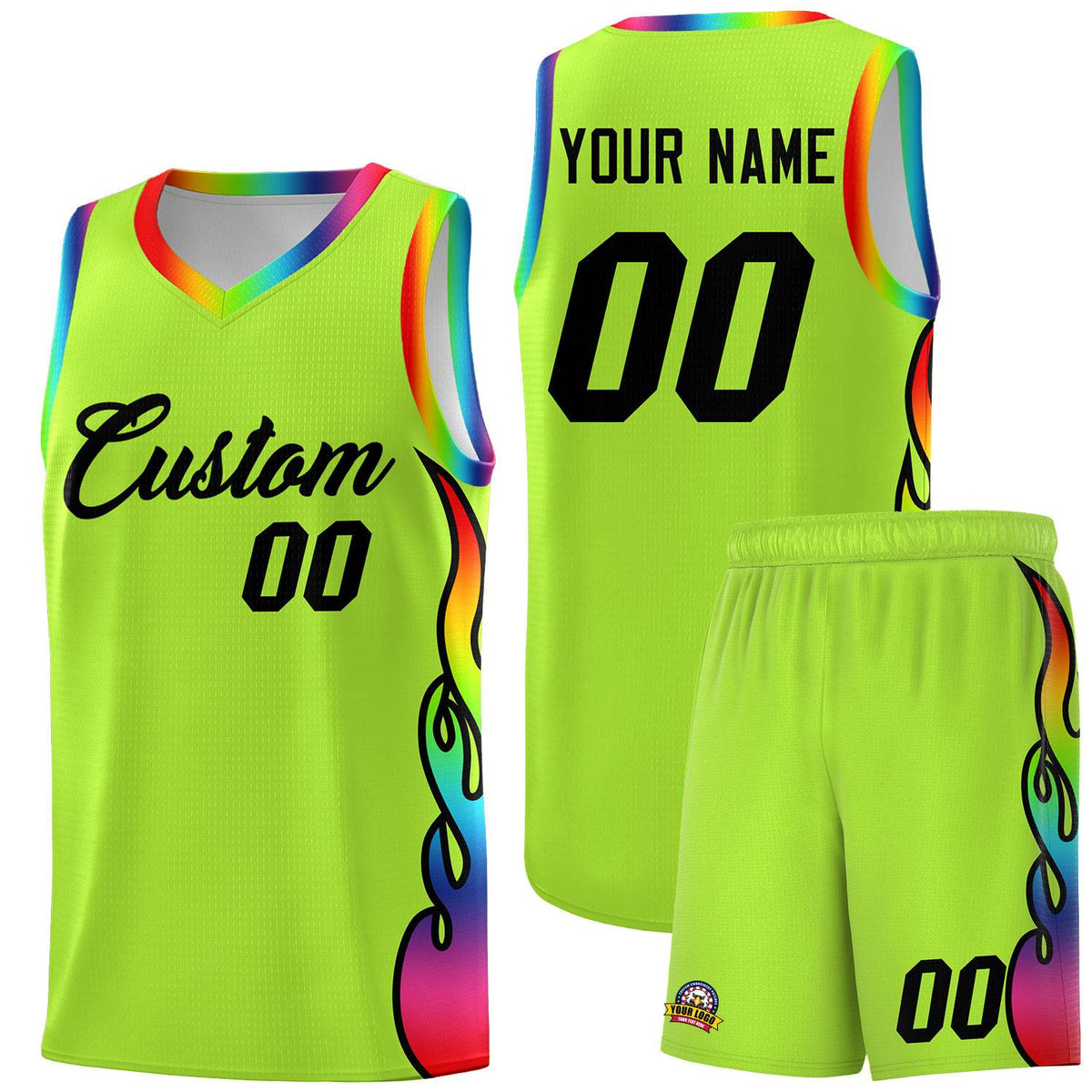 Custom Neon Green Side Flame Pattern Fashion Sports Uniform Basketball Jersey