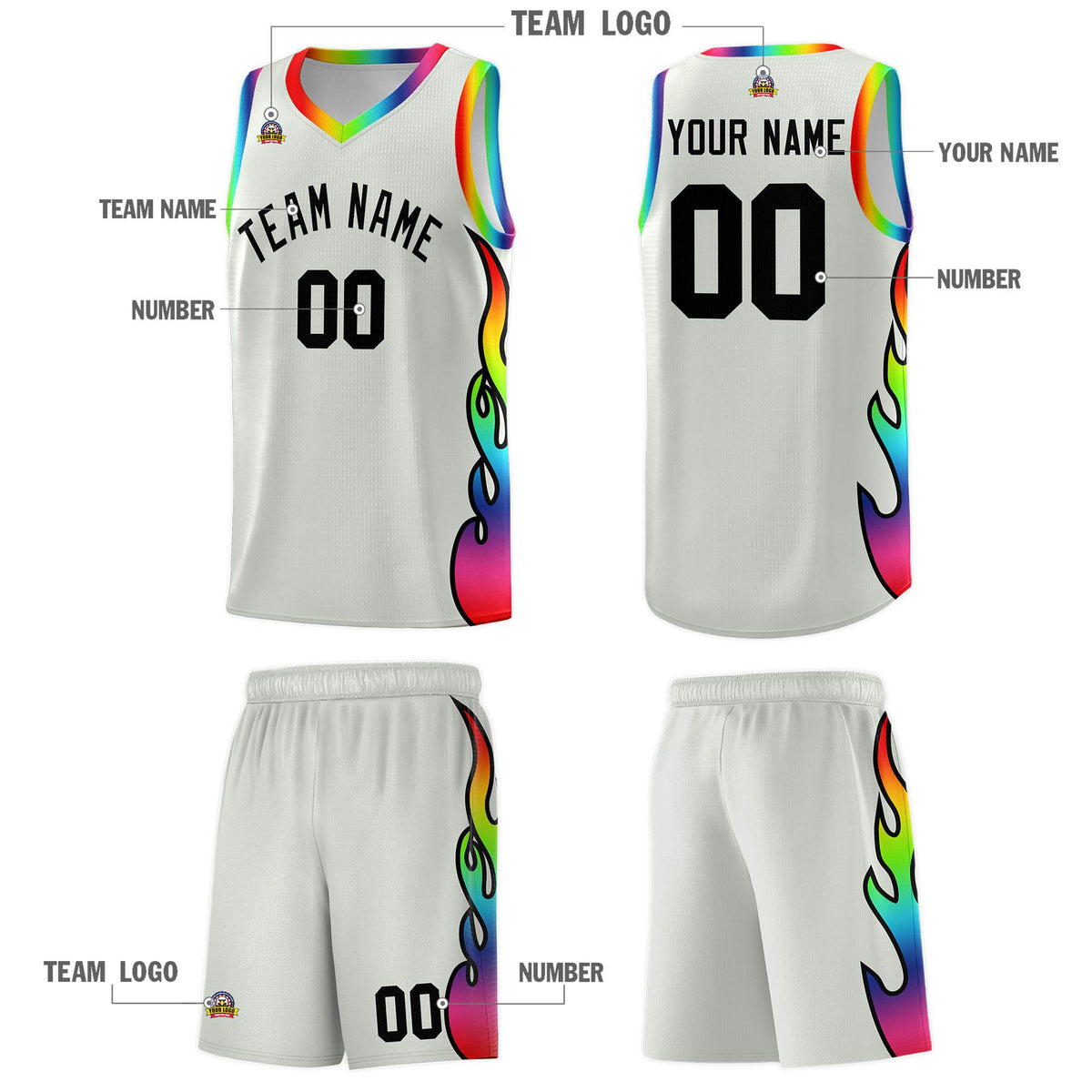 Custom Gray Side Flame Pattern Fashion Sports Uniform Basketball Jersey