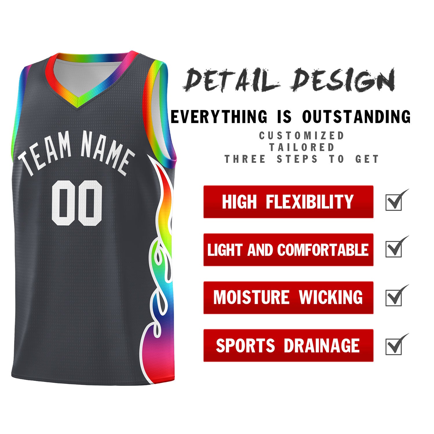 Custom Dark Gray Side Flame Pattern Fashion Sports Uniform Basketball Jersey