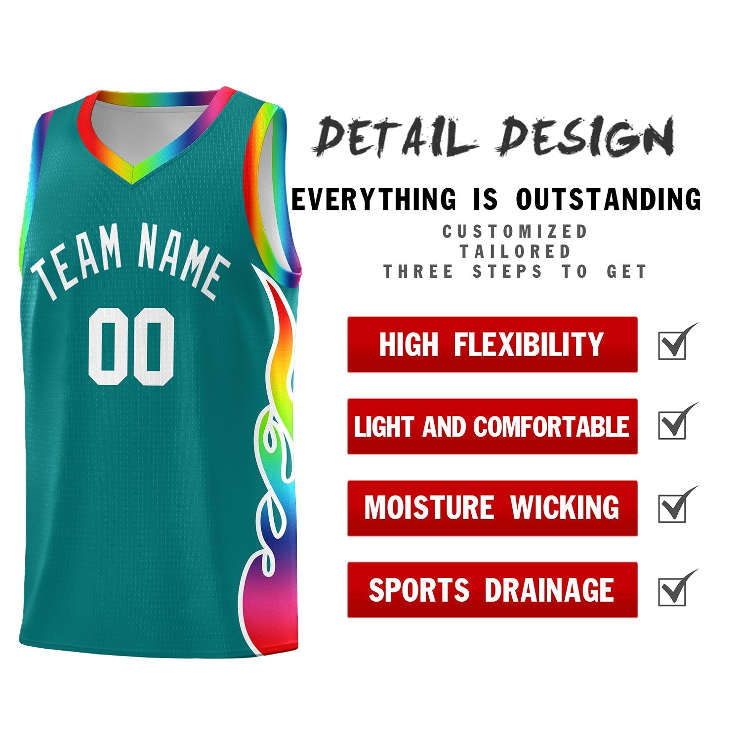 Custom Aqua Side Flame Pattern Fashion Sports Uniform Basketball Jersey