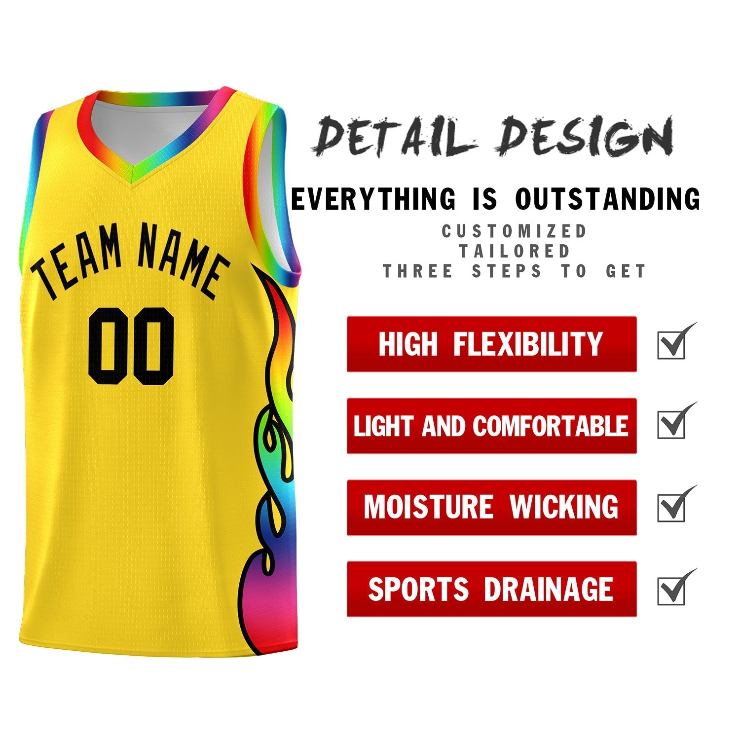 Custom Gold Side Flame Pattern Fashion Sports Uniform Basketball Jersey