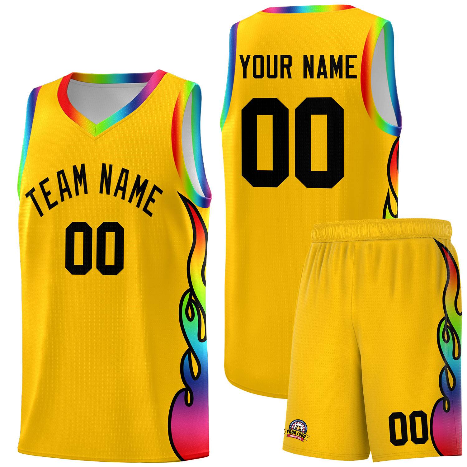 Custom Yellow Side Flame Pattern Fashion Sports Uniform Basketball Jersey