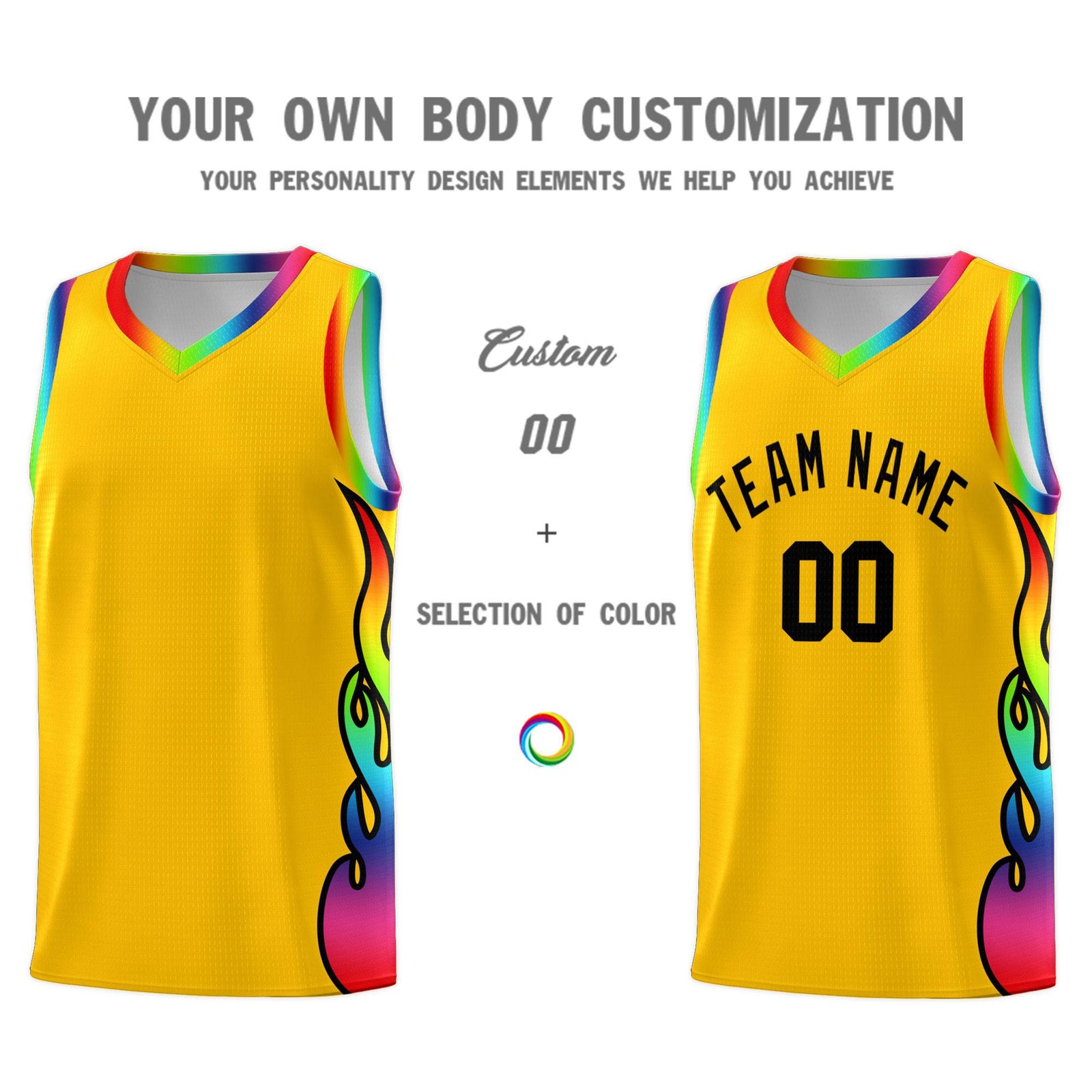 Custom Yellow Side Flame Pattern Fashion Sports Uniform Basketball Jersey