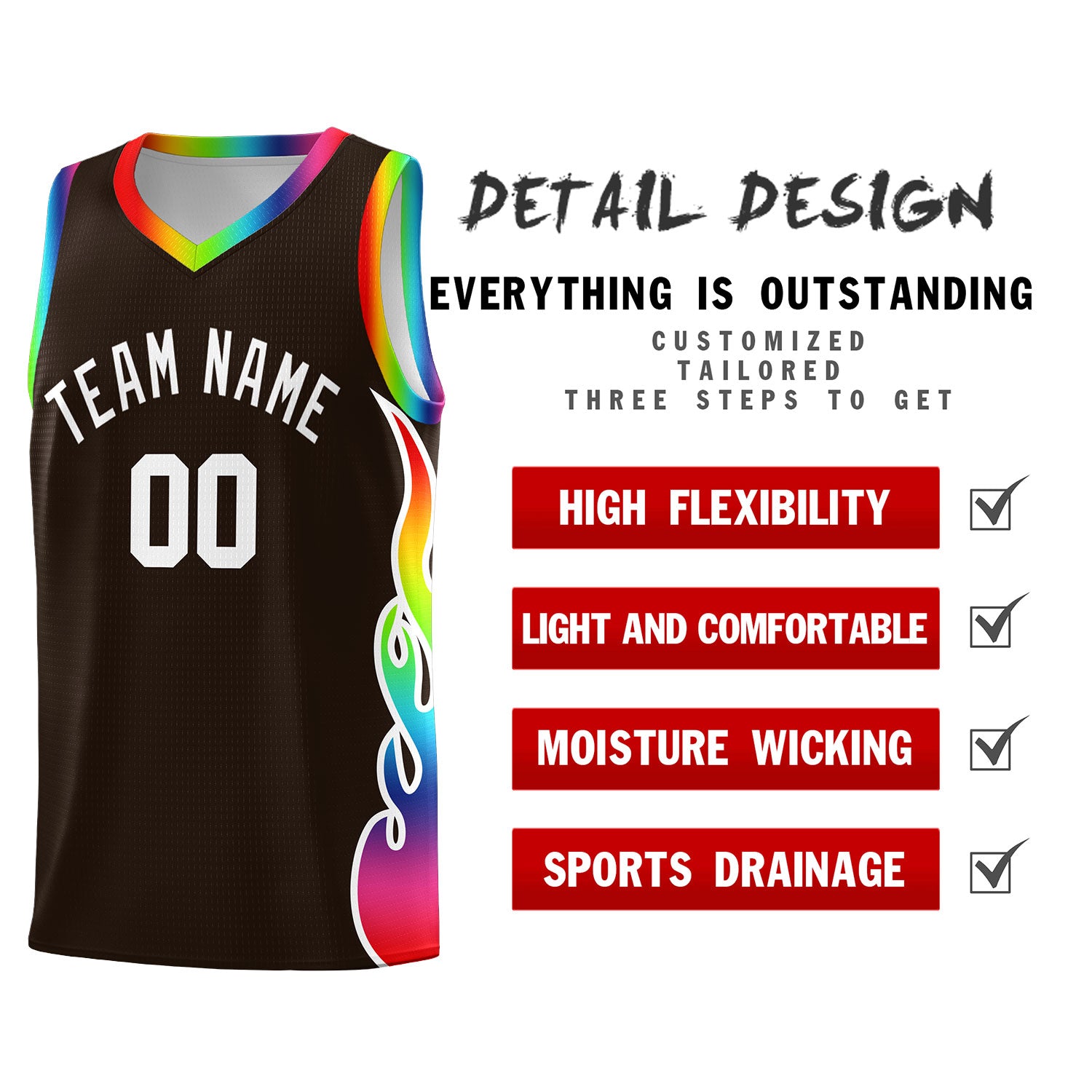 Custom Brown Side Flame Pattern Fashion Sports Uniform Basketball Jersey