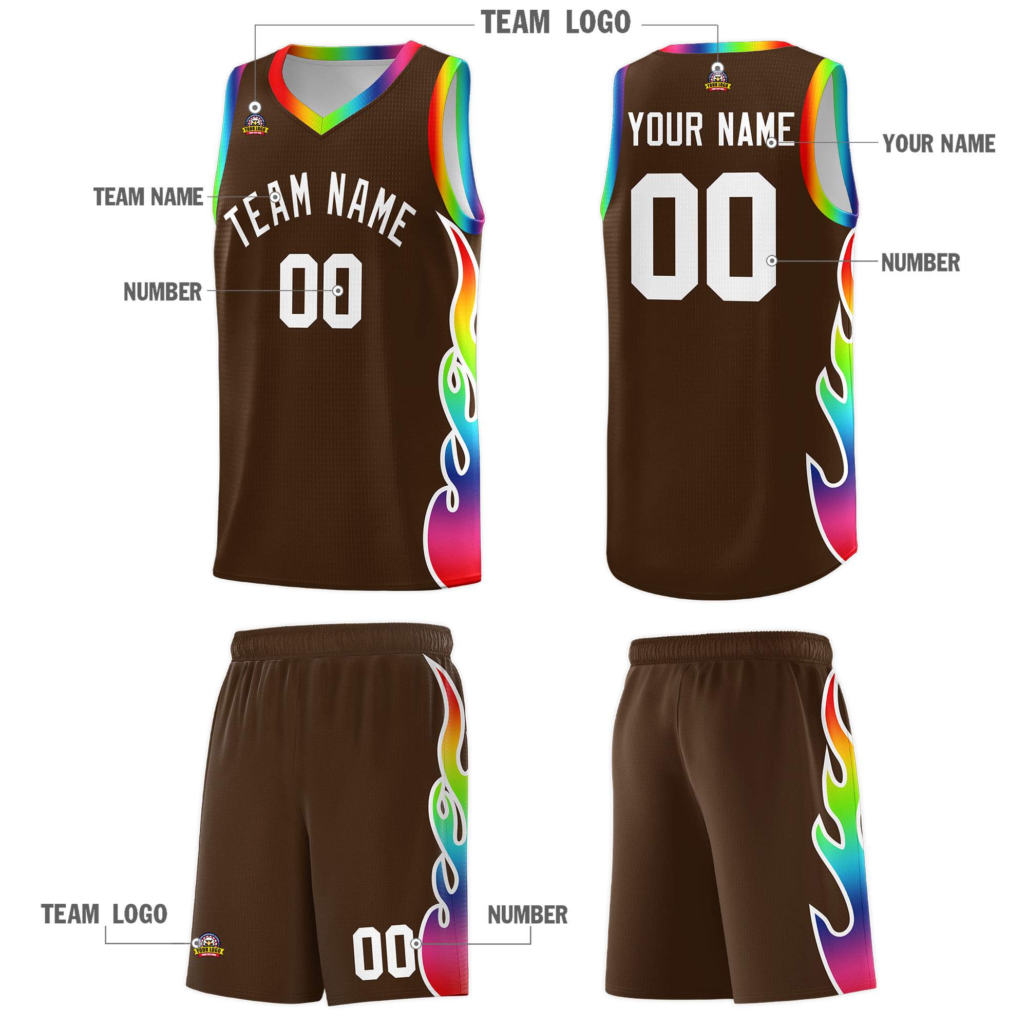 Custom Brown Side Flame Pattern Fashion Sports Uniform Basketball Jersey