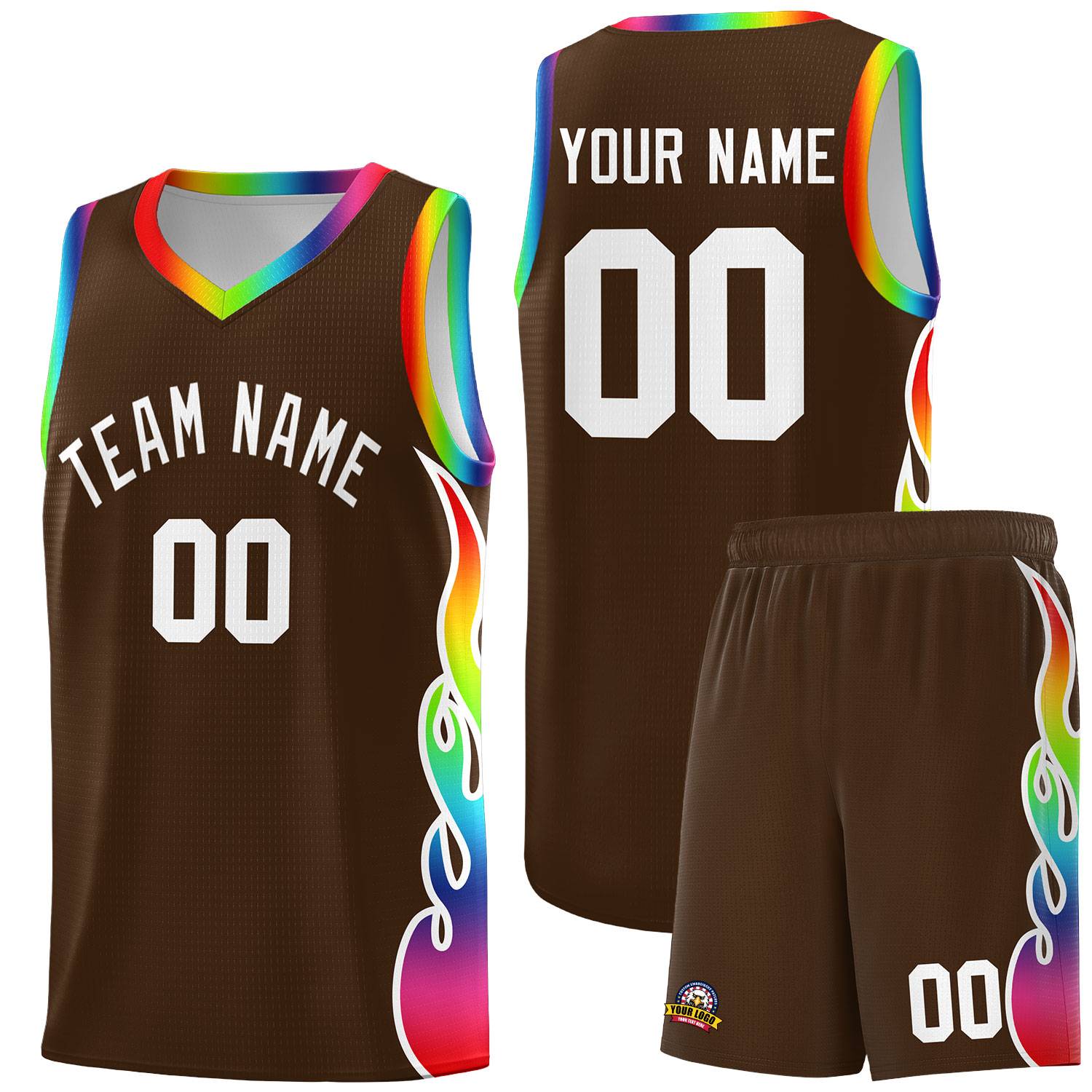 Custom Brown Side Flame Pattern Fashion Sports Uniform Basketball Jersey