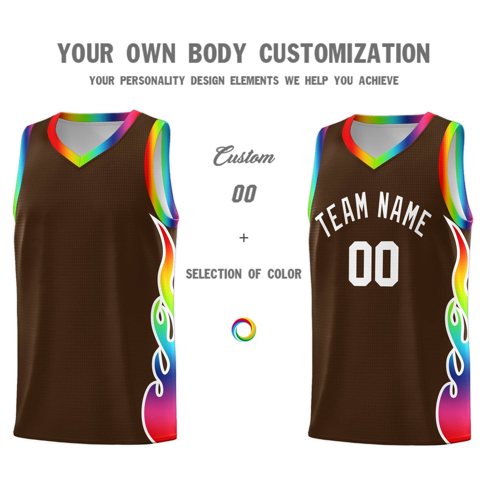 Custom Brown Side Flame Pattern Fashion Sports Uniform Basketball Jersey