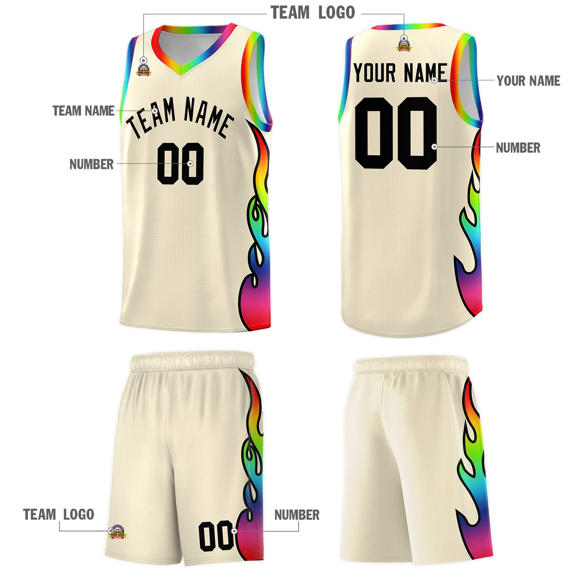Custom Cream Side Flame Pattern Fashion Sports Uniform Basketball Jersey