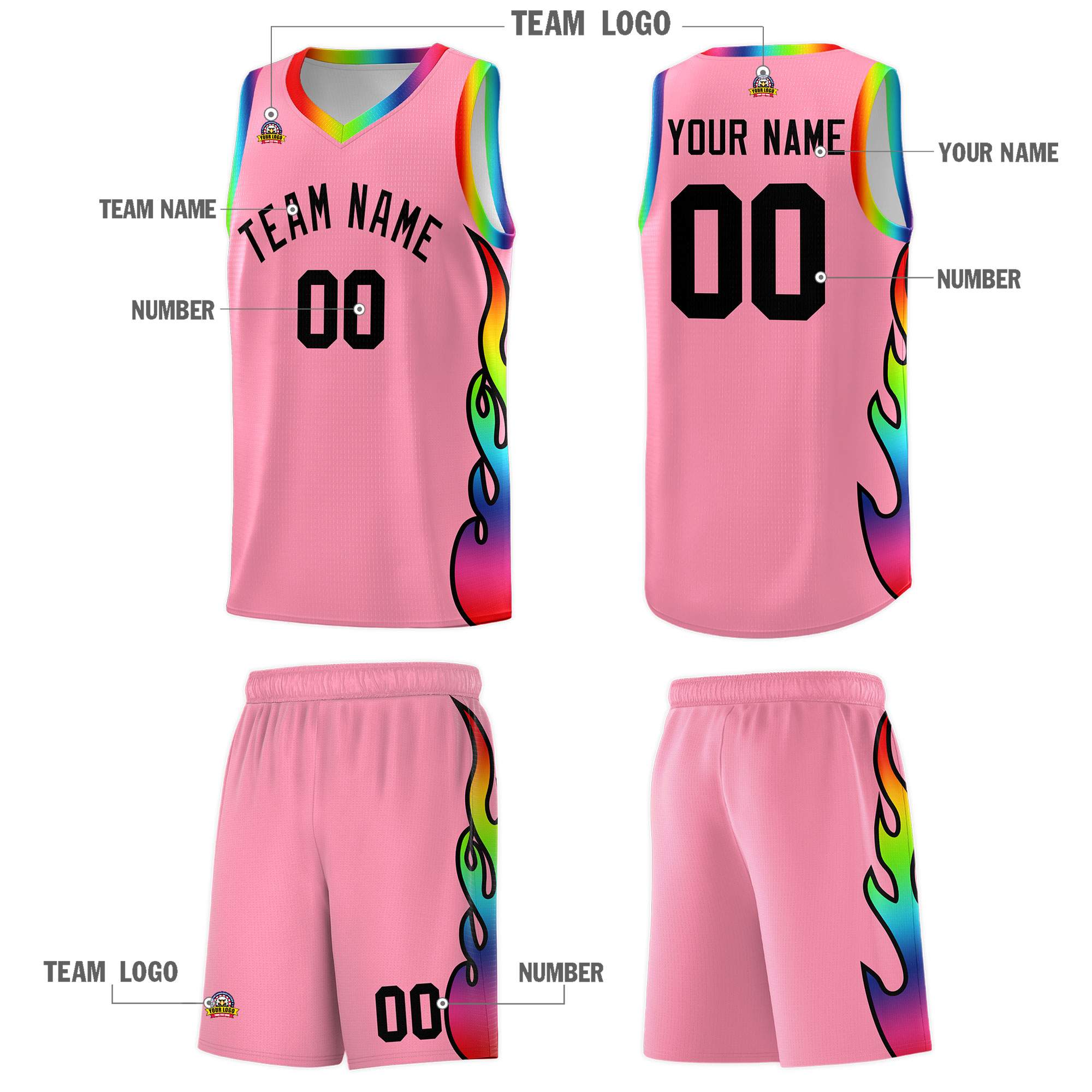 Custom Light Pink Side Flame Pattern Fashion Sports Uniform Basketball Jersey