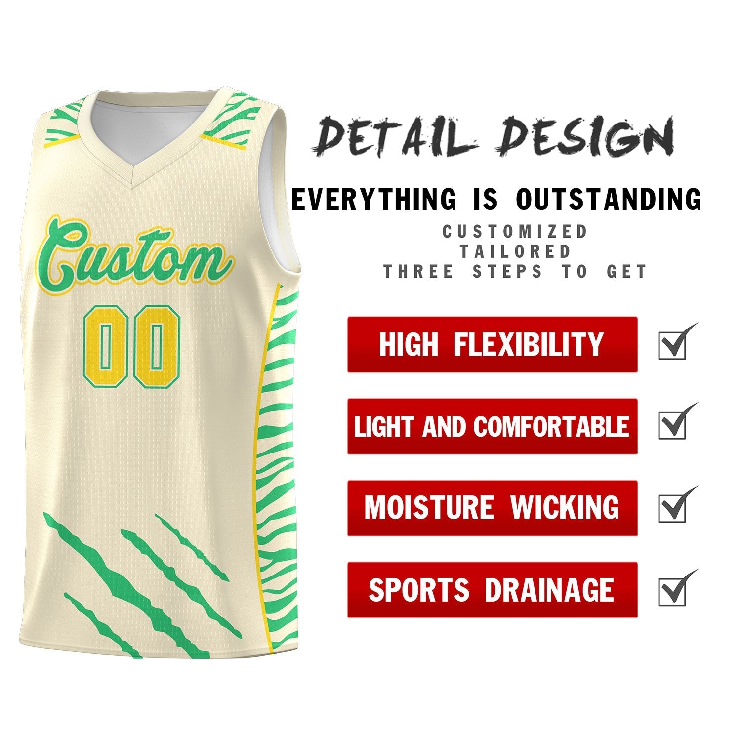 Custom Cream Personalized Tiger Claw Pattern Sports Uniform Basketball Jersey