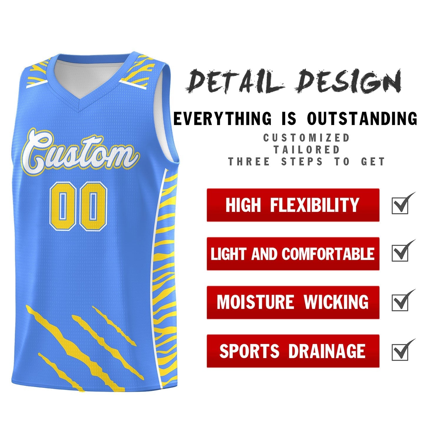 Custom Powder Blue Personalized Tiger Claw Pattern Sports Uniform Basketball Jersey
