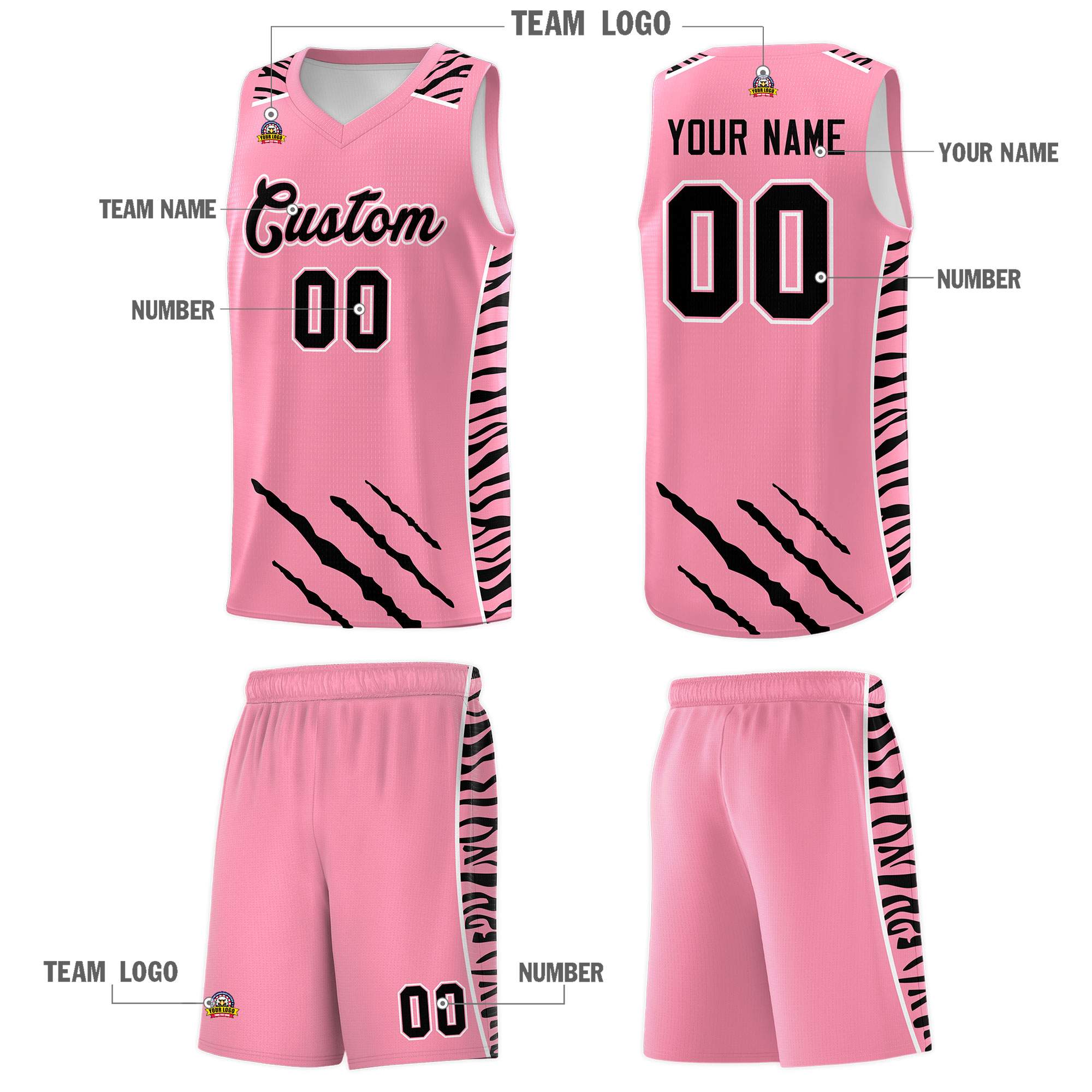 Custom Light Pink Personalized Tiger Claw Pattern Sports Uniform Basketball Jersey