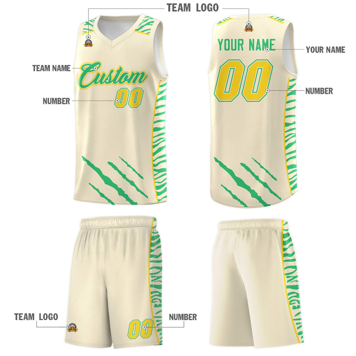 Custom Cream Personalized Tiger Claw Pattern Sports Uniform Basketball Jersey