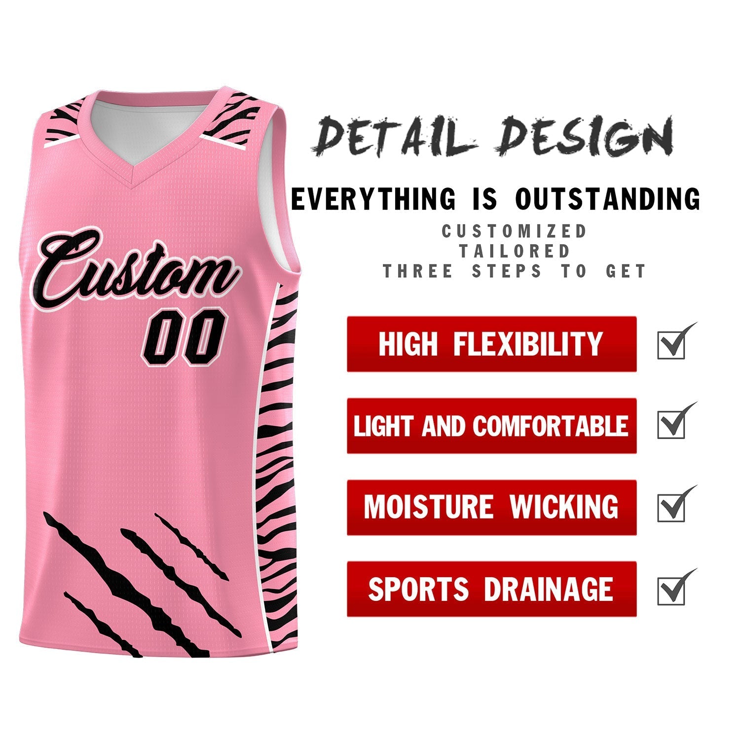 Custom Light Pink Personalized Tiger Claw Pattern Sports Uniform Basketball Jersey