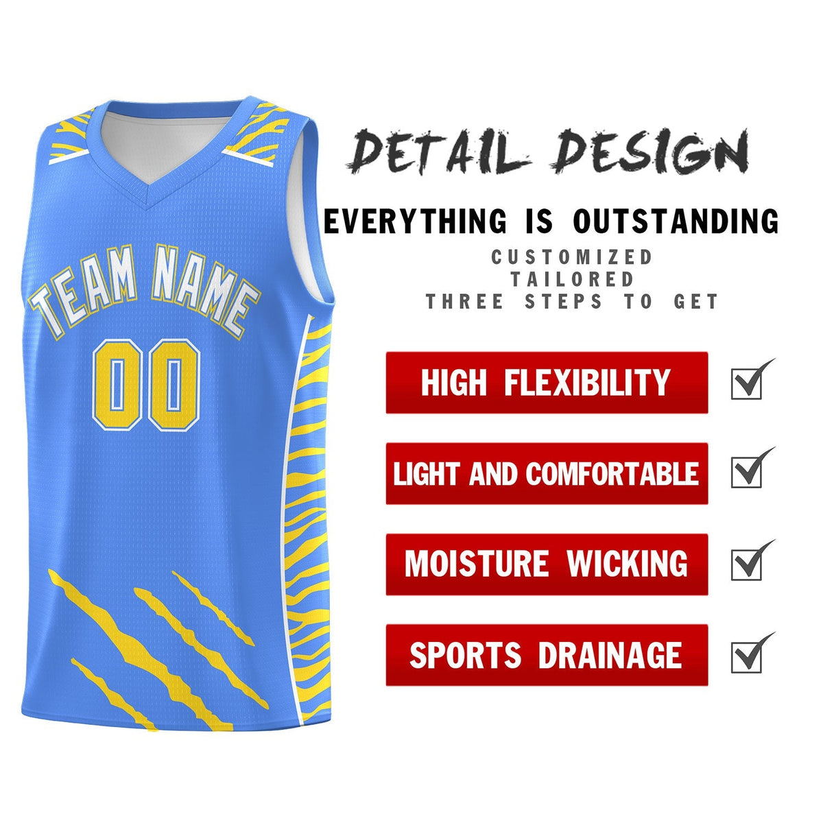 Custom Powder Blue Personalized Tiger Claw Pattern Sports Uniform Basketball Jersey
