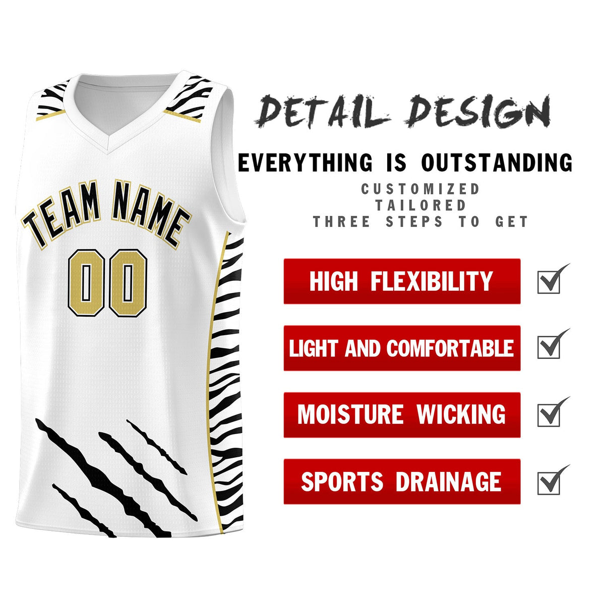 Custom White Personalized Tiger Claw Pattern Sports Uniform Basketball Jersey