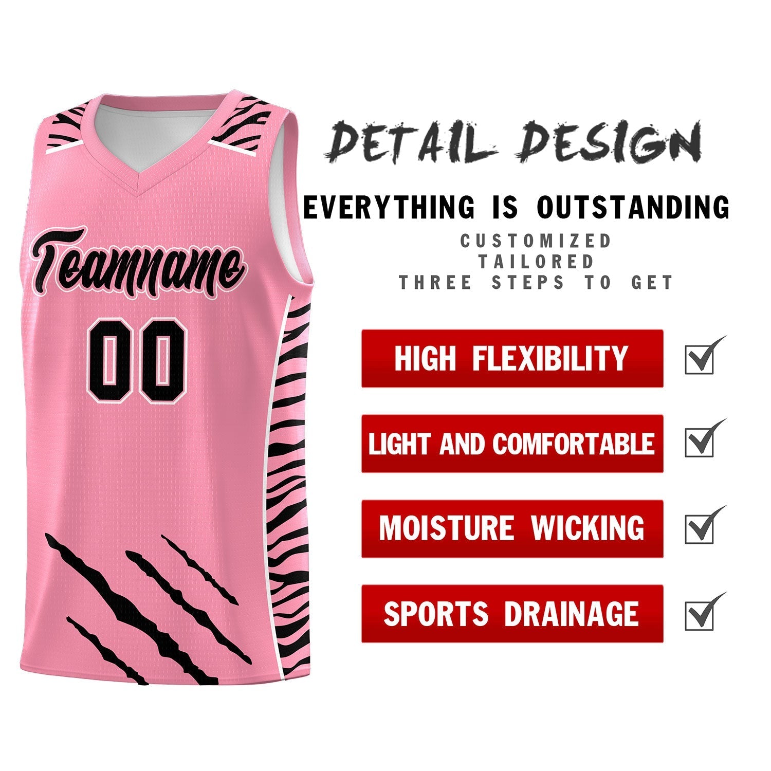 Custom Light Pink Personalized Tiger Claw Pattern Sports Uniform Basketball Jersey
