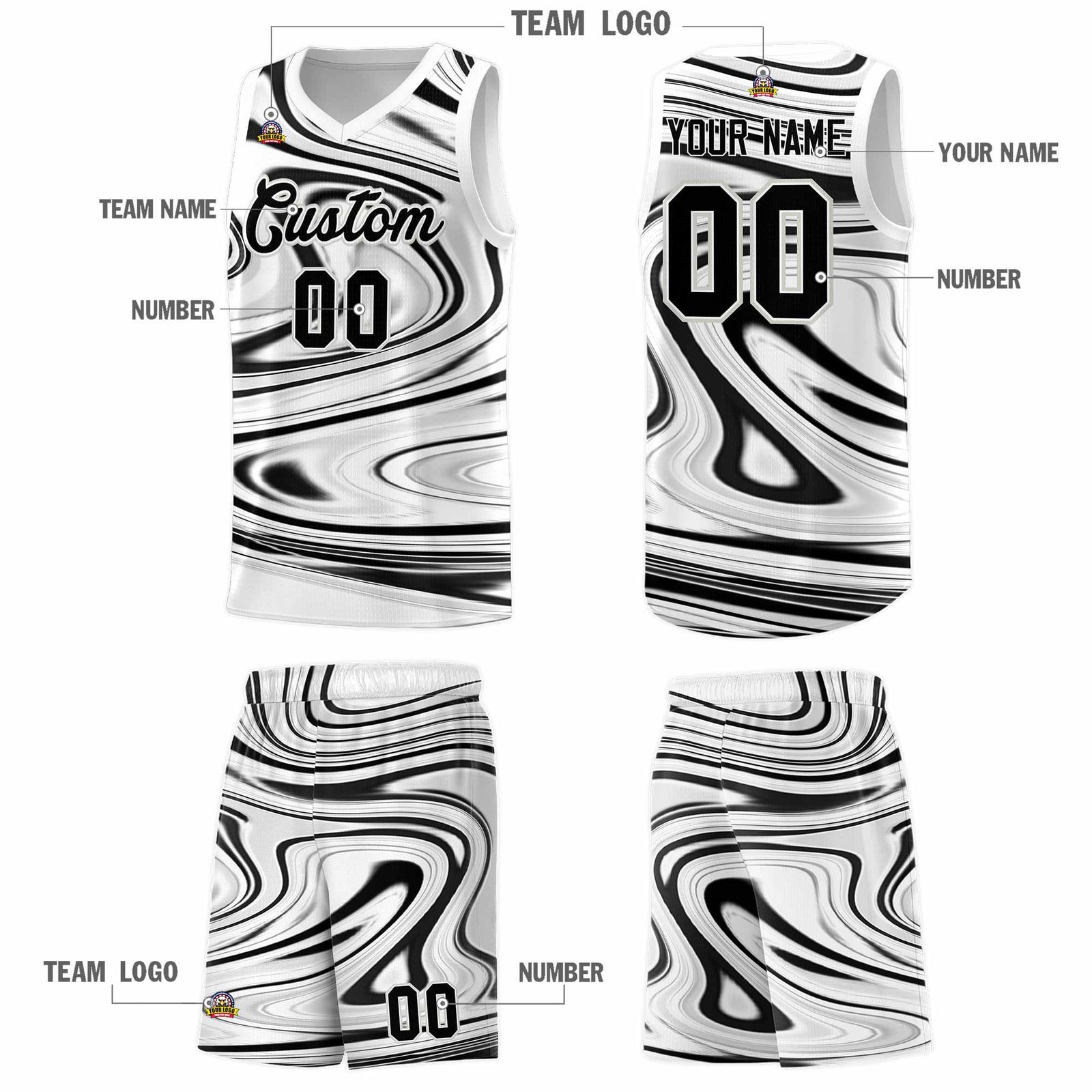 Custom White Black Graffiti Pattern Fluids Style Sports Uniform Basketball Jersey Sets