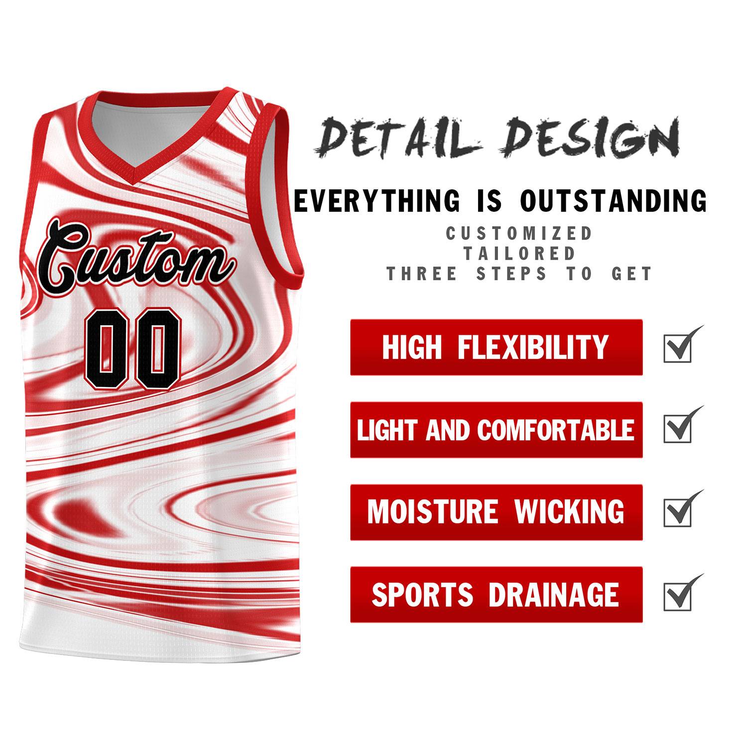Custom White Red Graffiti Pattern Fluids Style Sports Uniform Basketball Jersey Sets