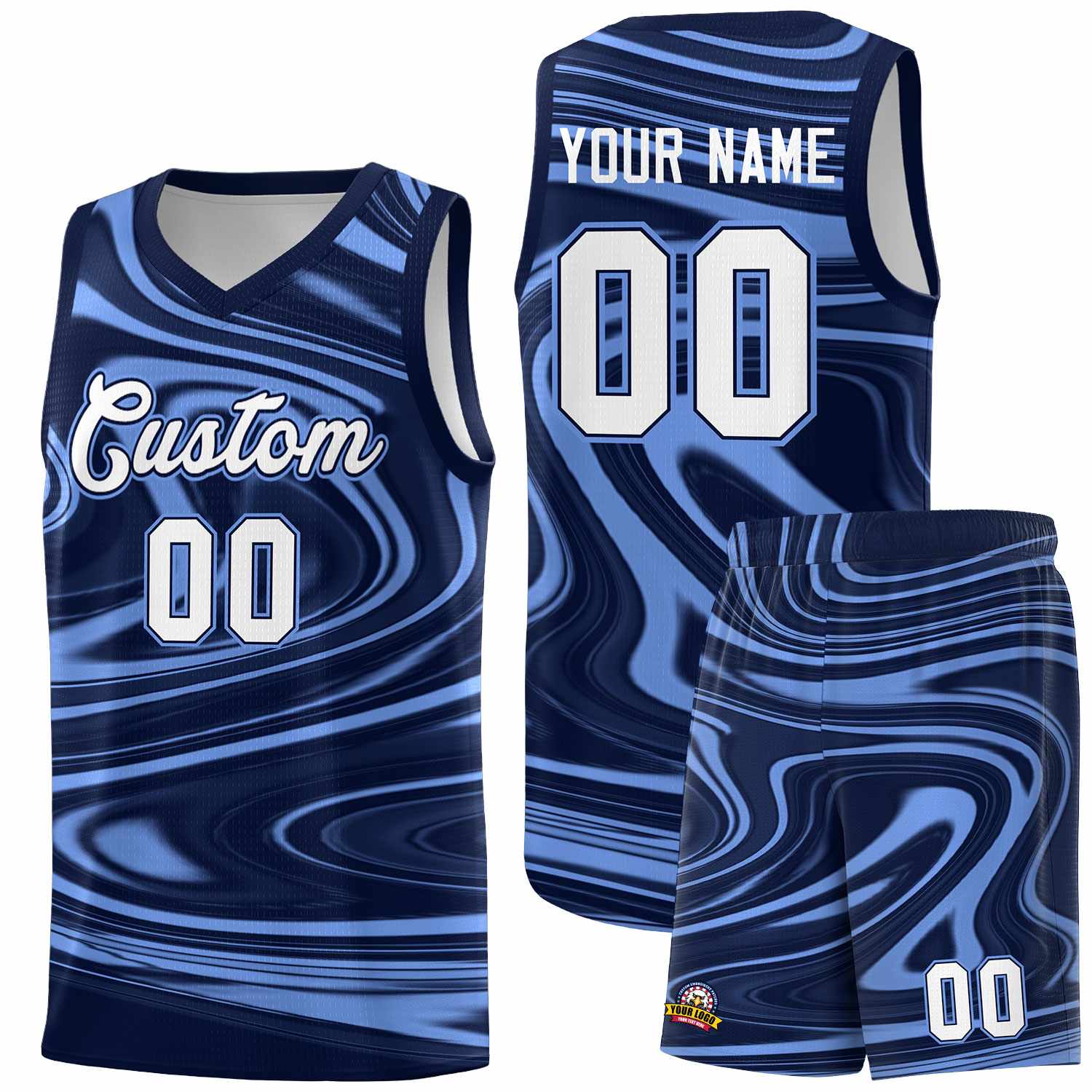 Custom Navy Light Blue Graffiti Pattern Fluids Style Sports Uniform Basketball Jersey Sets